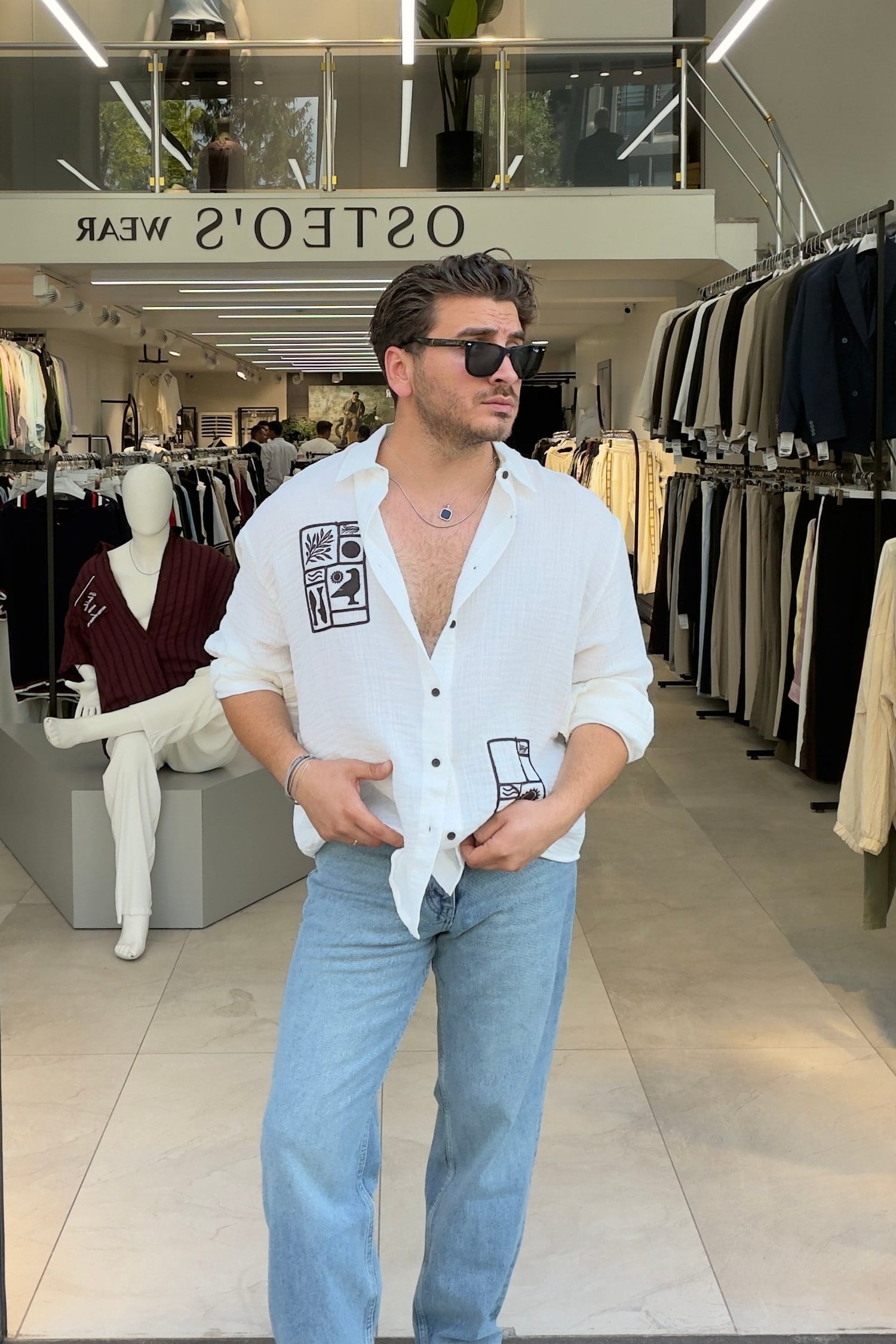 Desenli Oversize Müslin Gömlek Beyaz