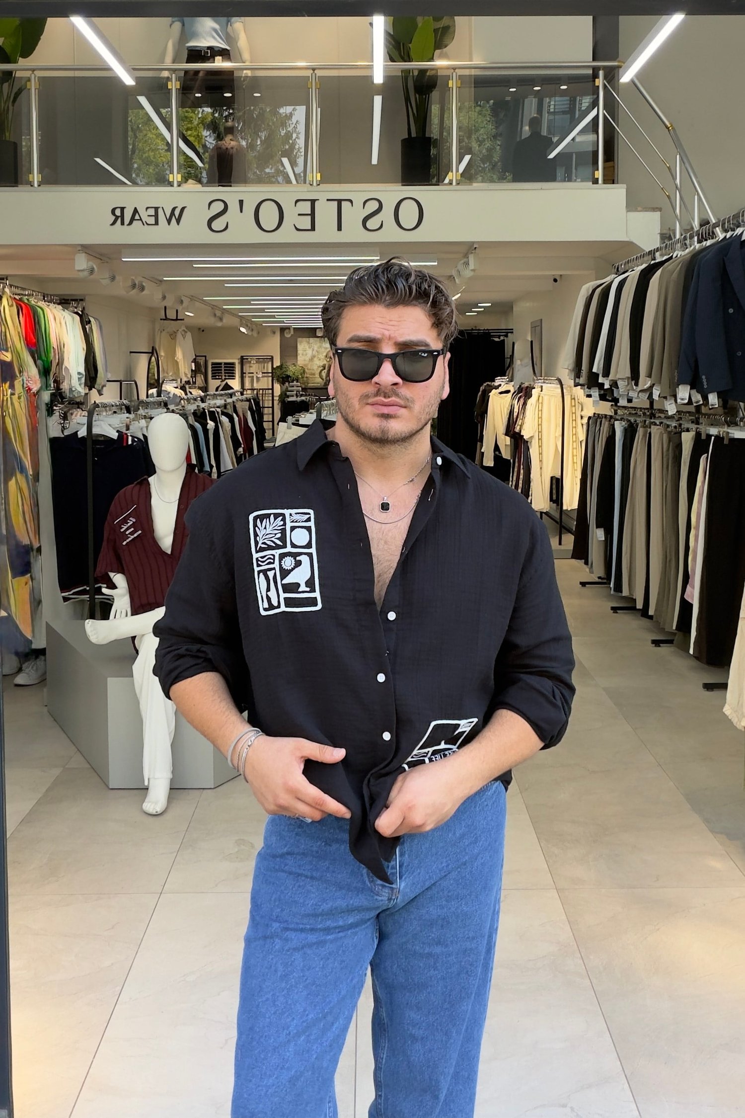Desenli Oversize Müslin Gömlek Siyah