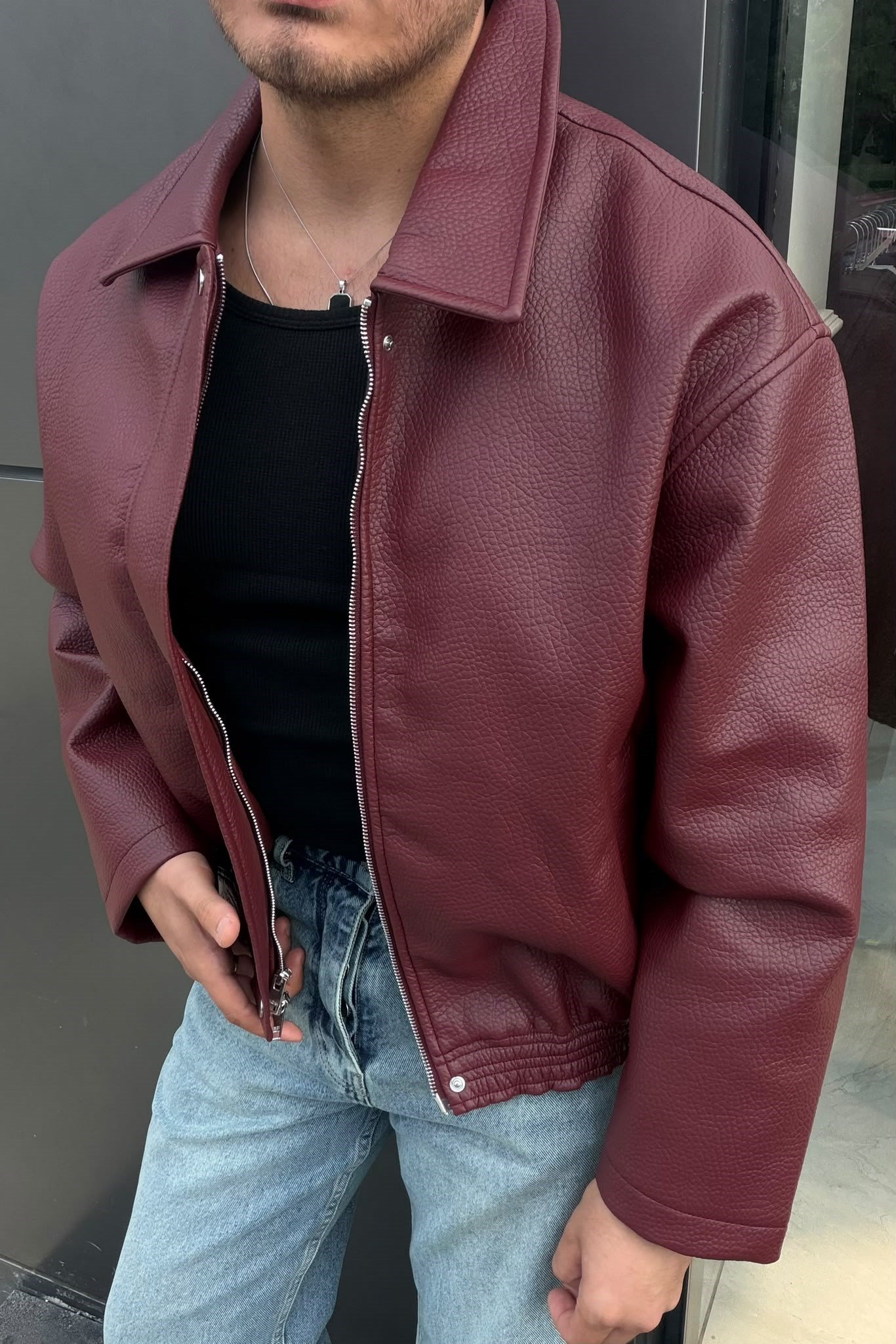 Gömlek Yaka Bomber Deri Ceket Bordo