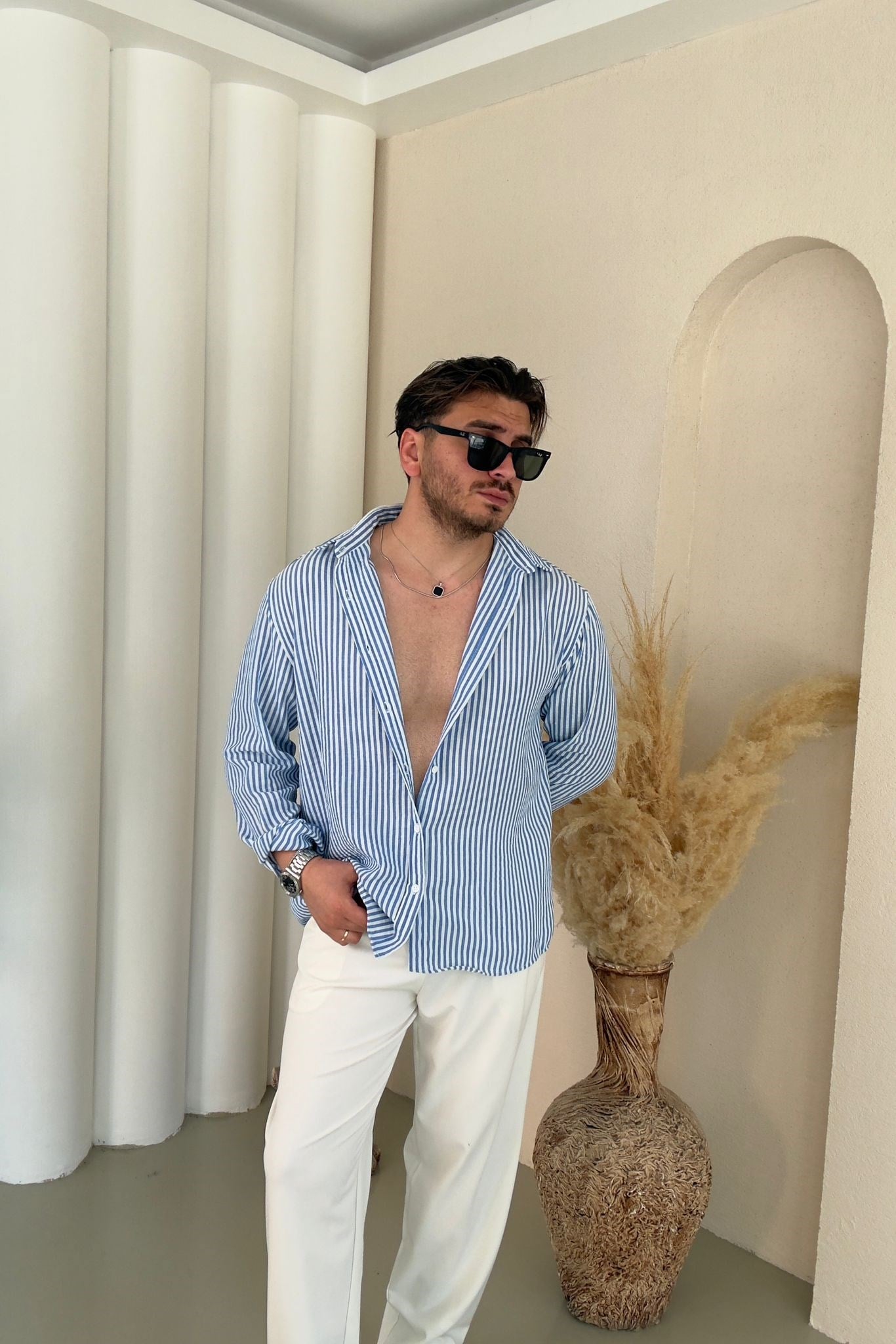 İnce Kumaş Yaka Düğmeli Oversize Çizgili Gömlek Mavi