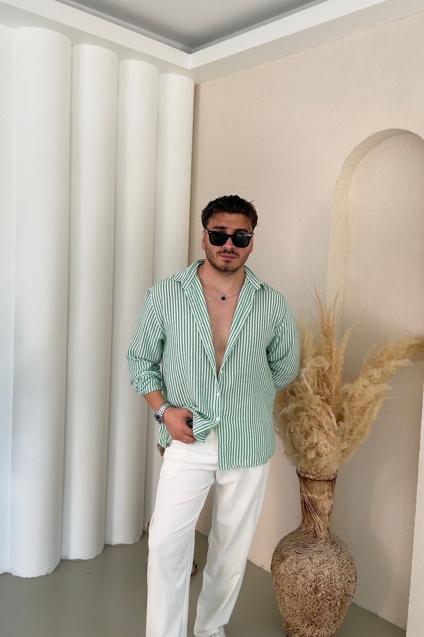 İnce Kumaş Yaka Düğmeli Oversize Çizgili Gömlek Yeşil