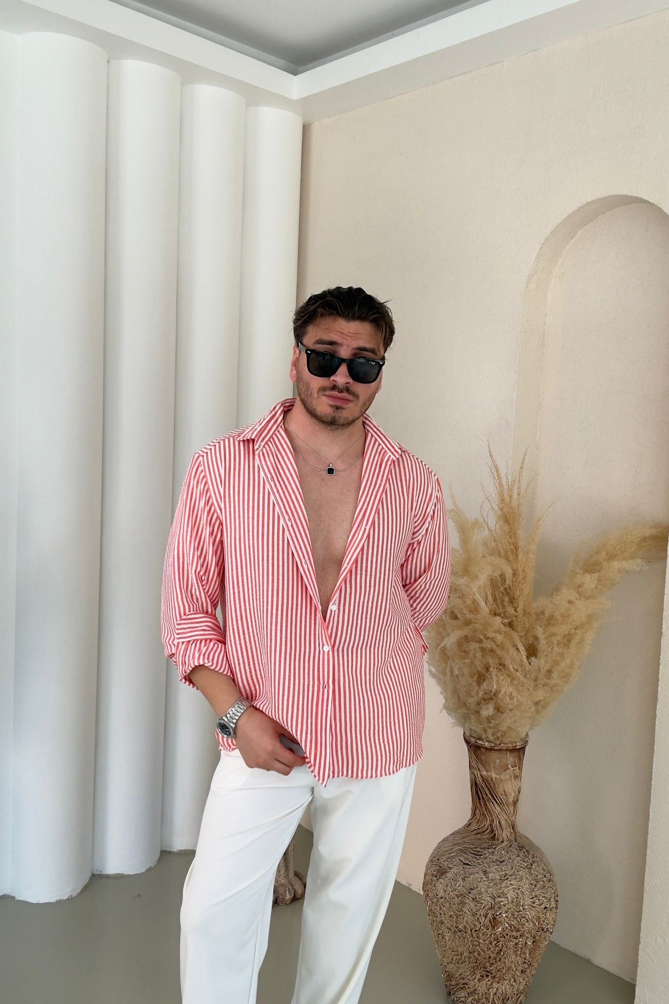 İnce Kumaş Yaka Düğmeli Oversize Çizgili Gömlek Turuncu