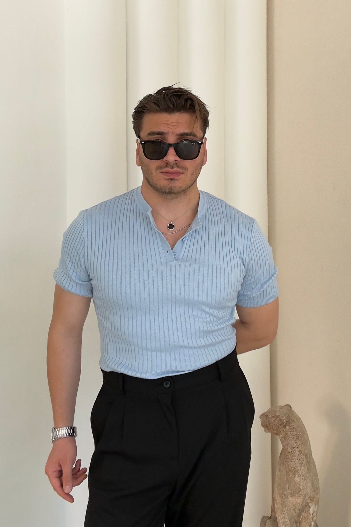 Kendinden Çizgili Yaka Düğmeli Triko Tshirt Bebe Mavisi