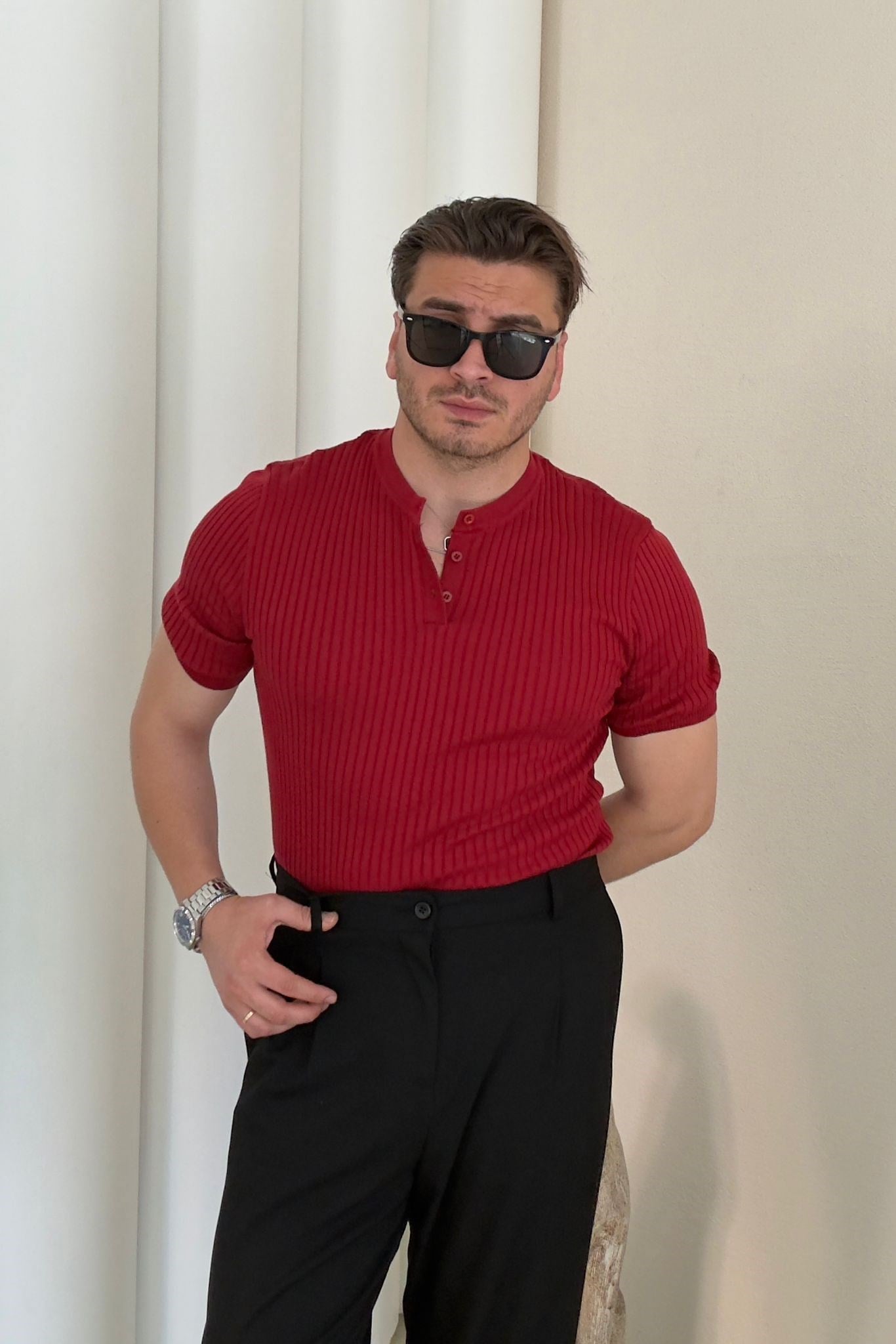 Kendinden Çizgili Yaka Düğmeli Triko Tshirt KIRMIZI