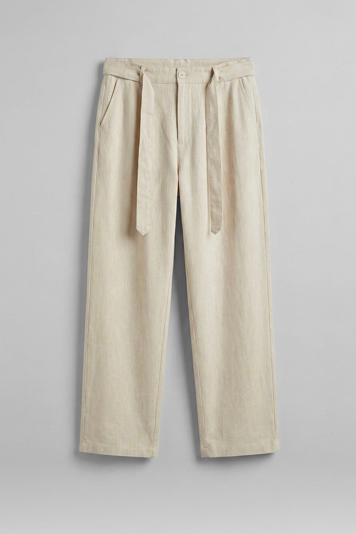 Kuşaklı Keten Baggy Pantolon Krem