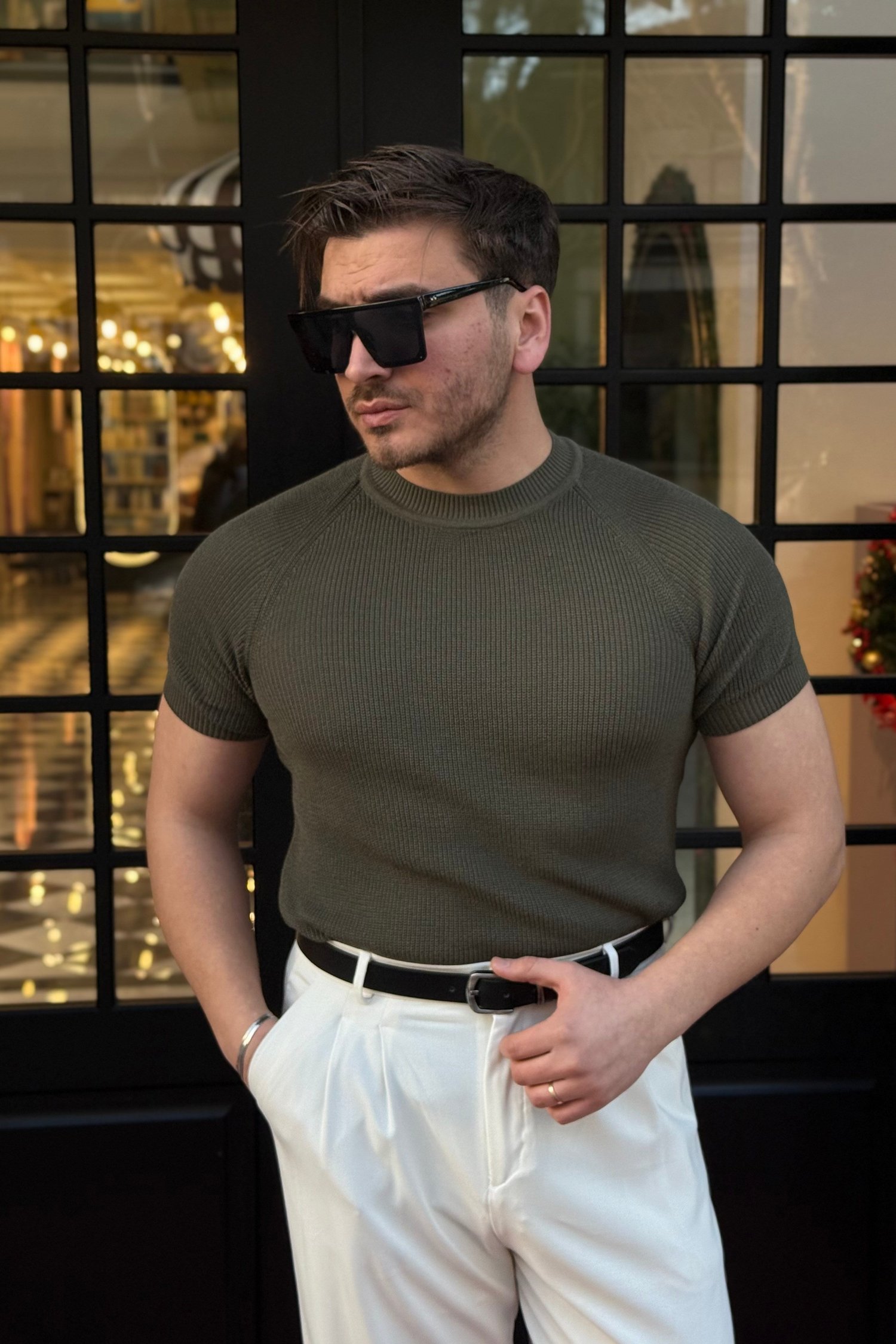 Omuz Detaylı Basic Triko Tshirt Haki