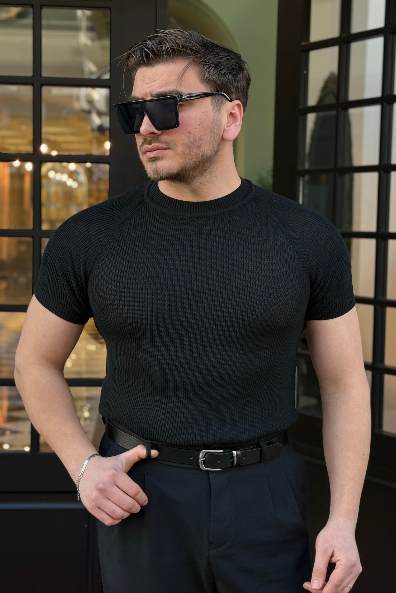 Omuz Detaylı Basic Triko Tshirt Siyah