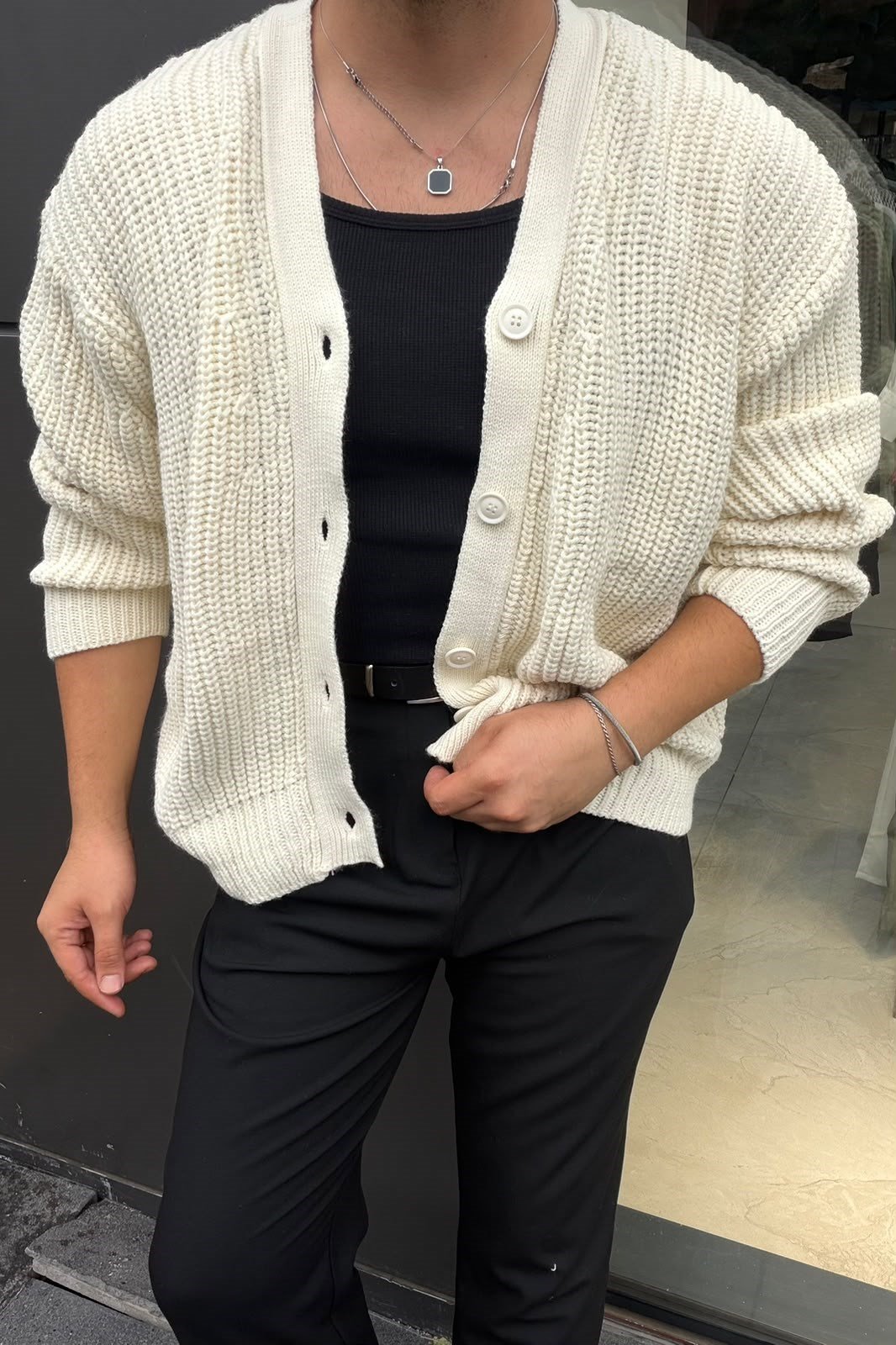 Örme Oversize Basic Hırka Ekru