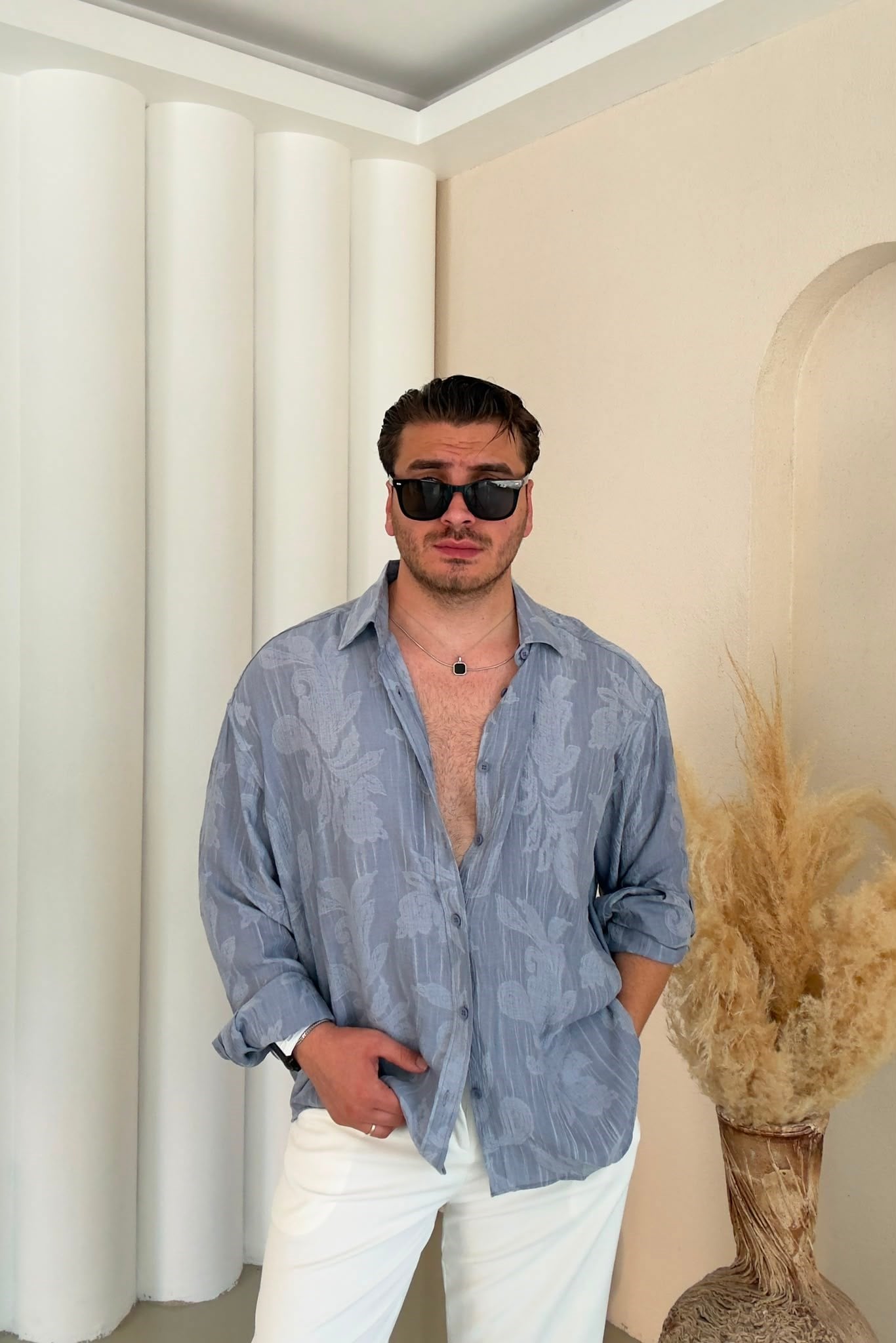 Oversize Desenli Gömlek Gri