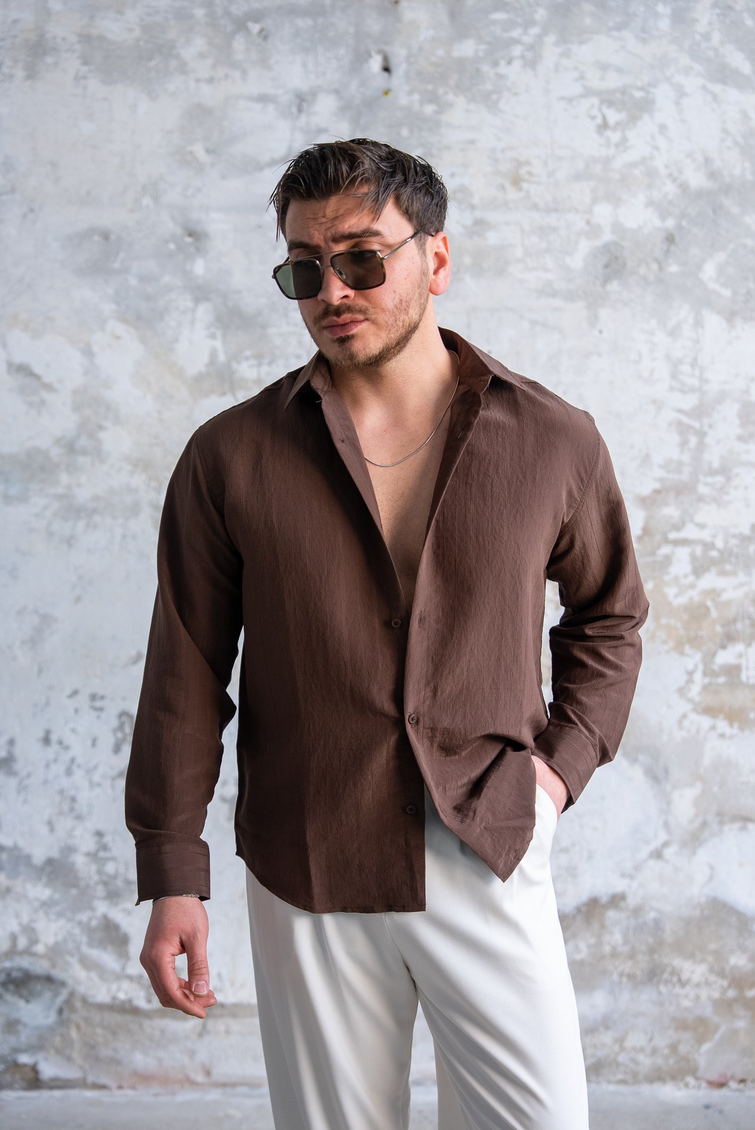 Oversize Şeritli Gömlek Kahve