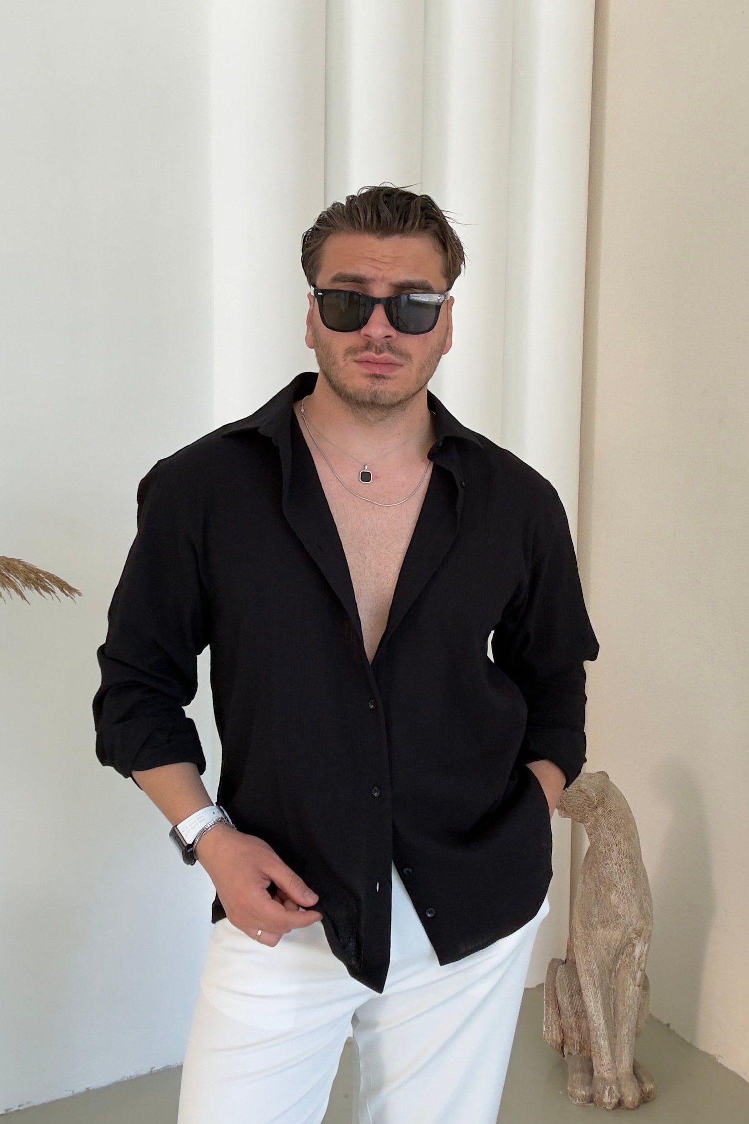 Pamuk Kumaş Regular Fit Kendinden Çizgili Gömlek Siyah