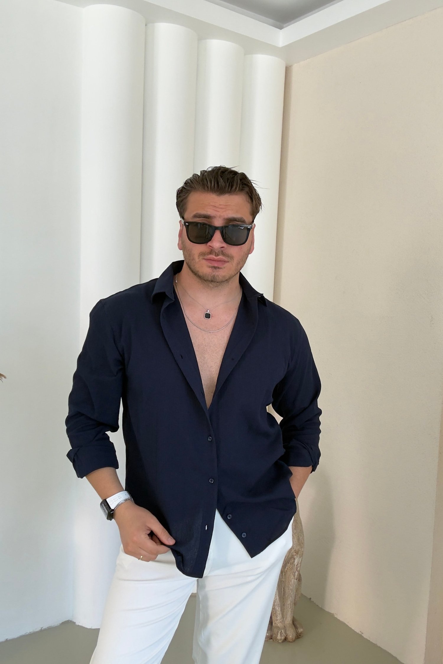 Pamuk Kumaş Regular Fit Kendinden Çizgili Gömlek Lacivert