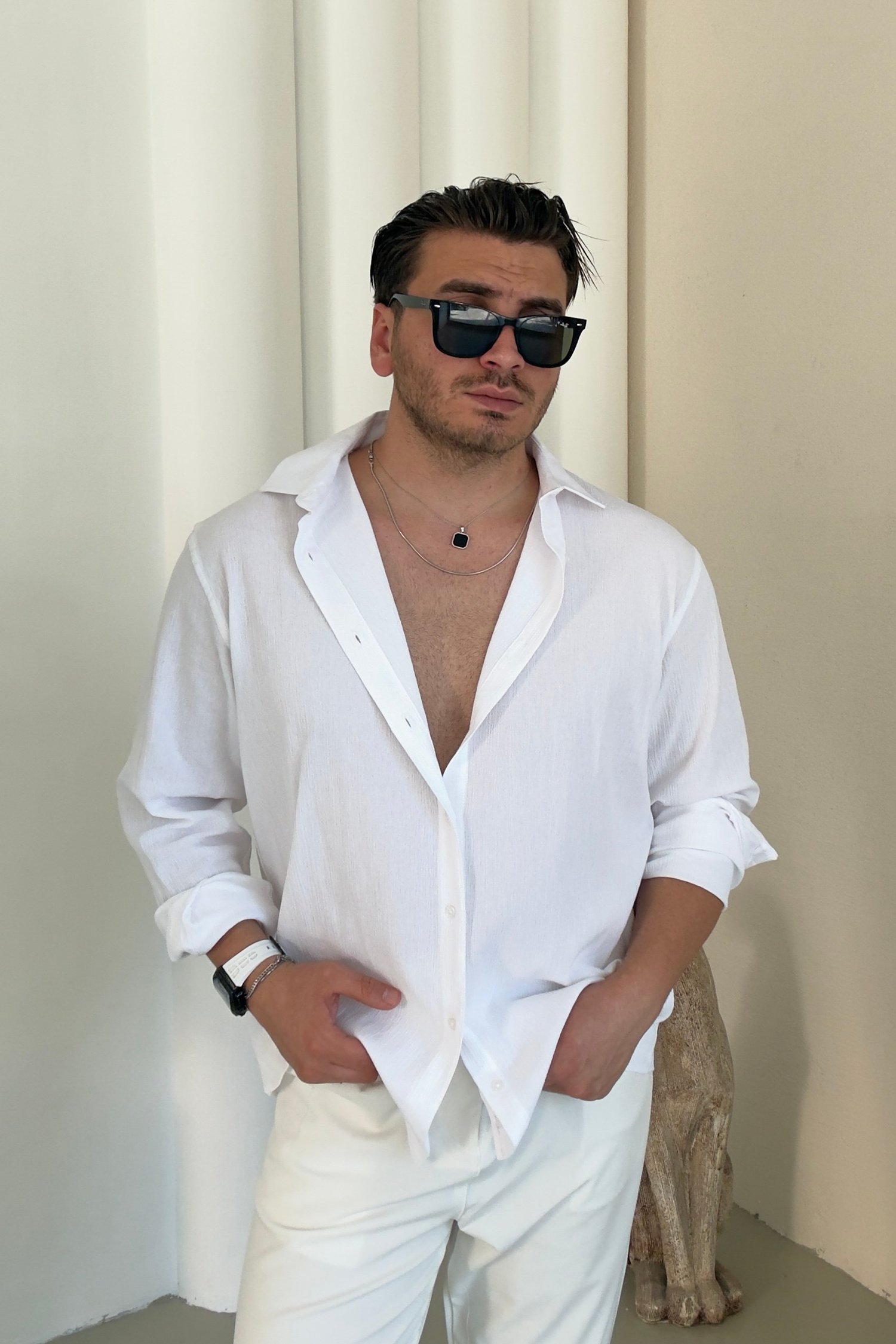 Pamuk Kumaş Regular Fit Kendinden Çizgili Gömlek Beyaz