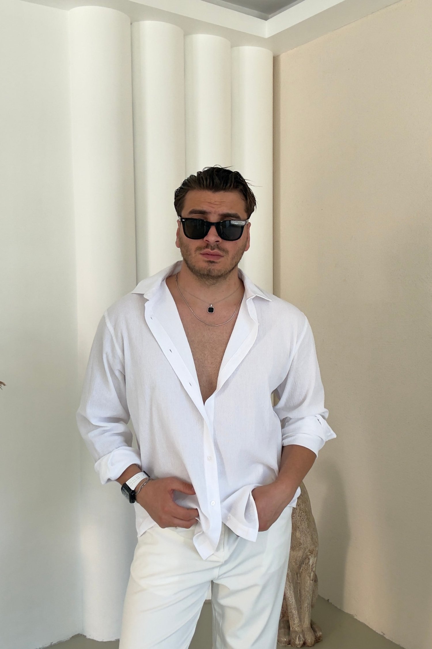 Pamuk Kumaş Regular Fit Kendinden Çizgili Gömlek Beyaz