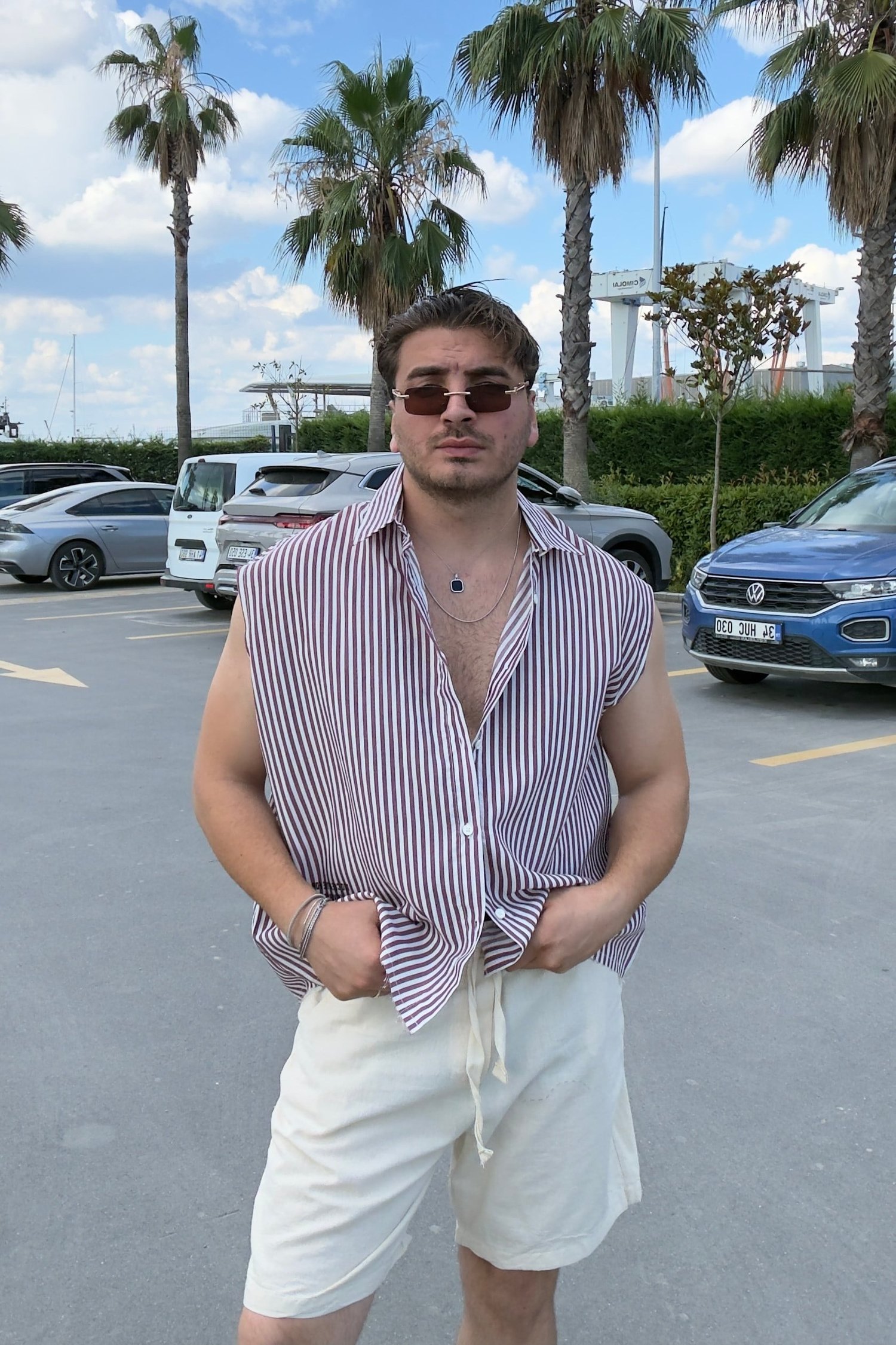 Sıfır Kol Çizgili Rahat Kalıp Gömlek Bordo