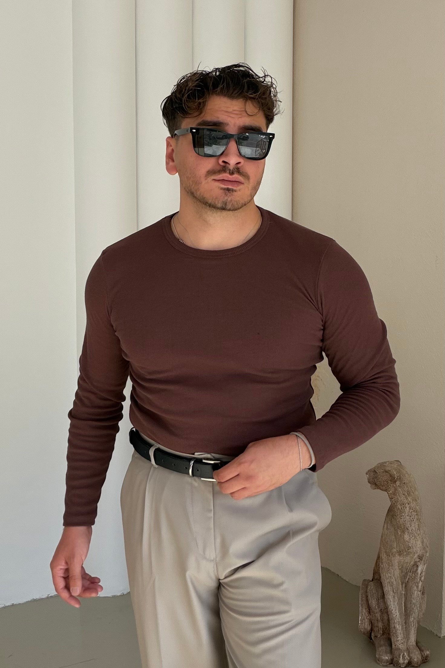 Slimfit Çizgili İnce Sweatshirt Kahve