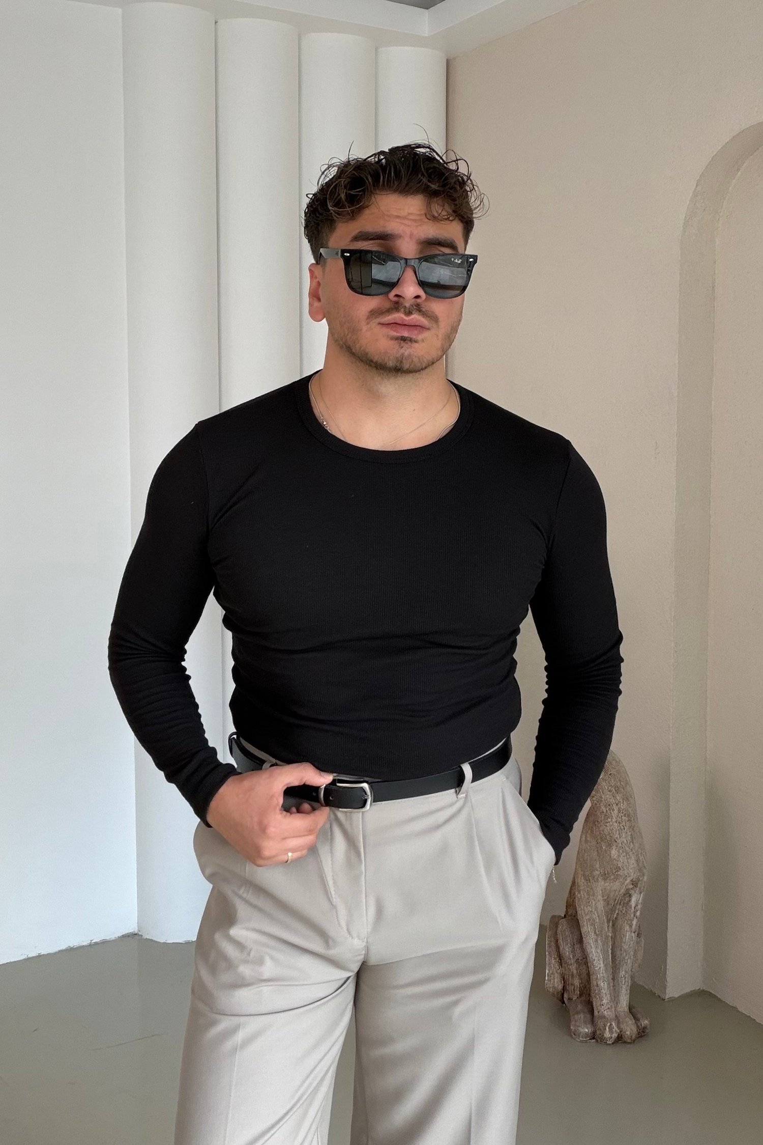 Slimfit Çizgili İnce Sweatshirt Siyah