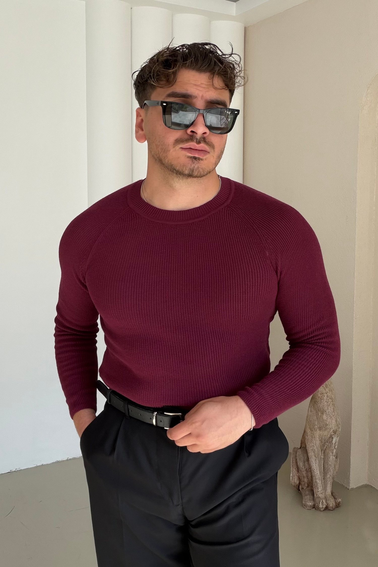 Slimfit Örme Kazak Bordo