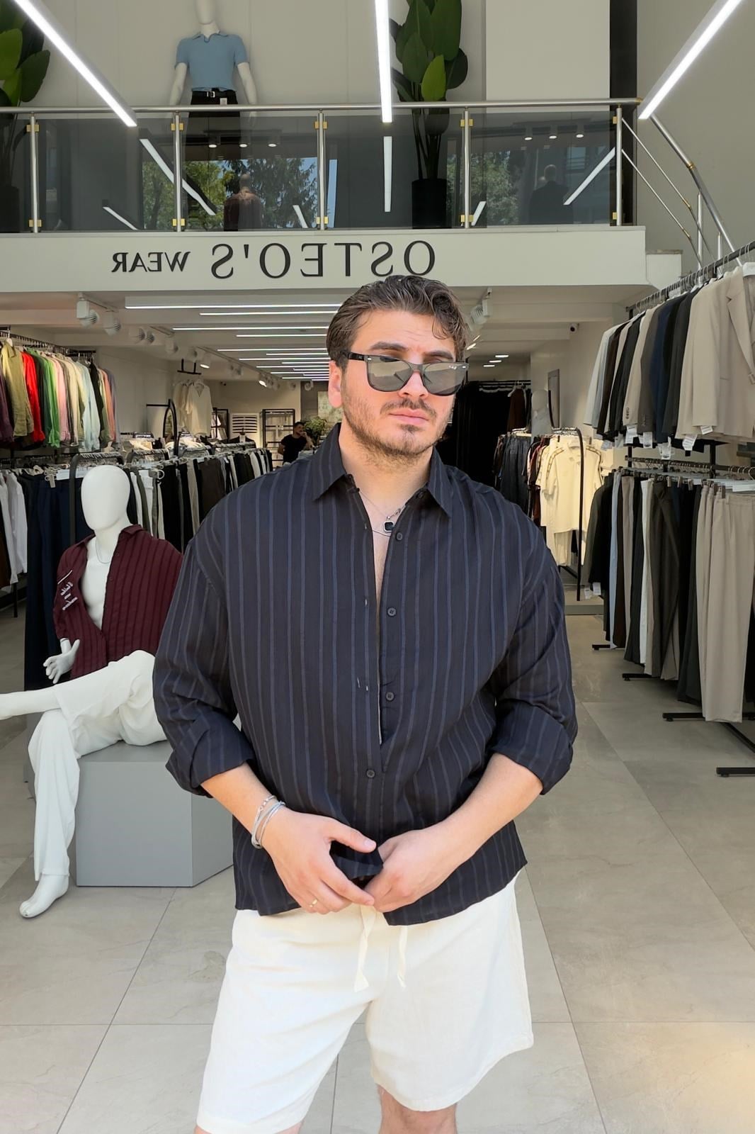 Tensel Çizgili Regular Kalıp Gömlek Siyah