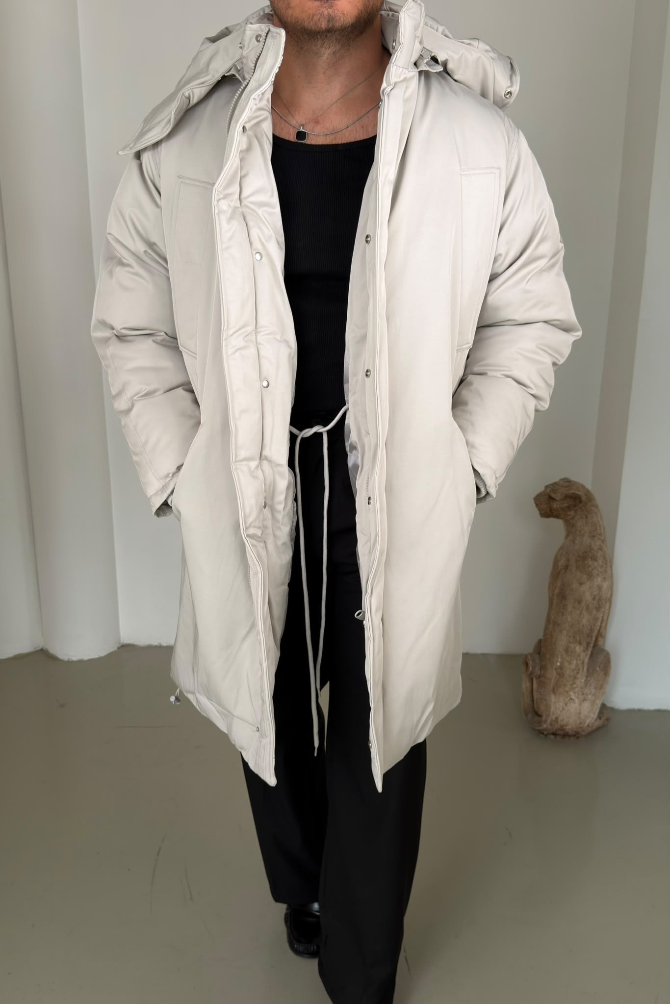Uzun Şişme Oversize Mont Gri
