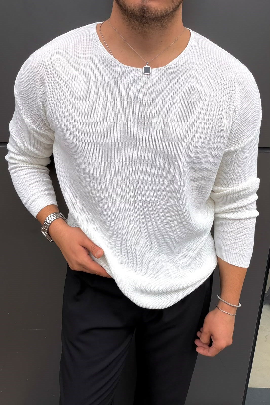 Yaka Detay İnce Oversize Kazak Beyaz