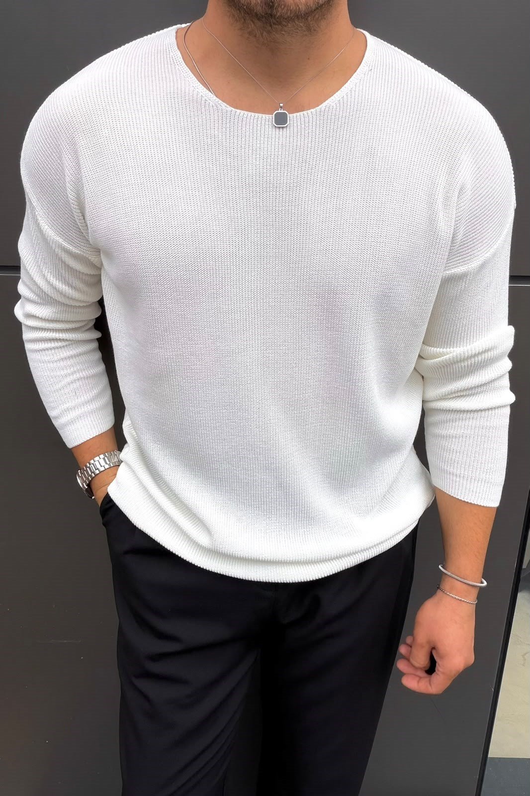 Yaka Detay İnce Oversize Kazak Beyaz