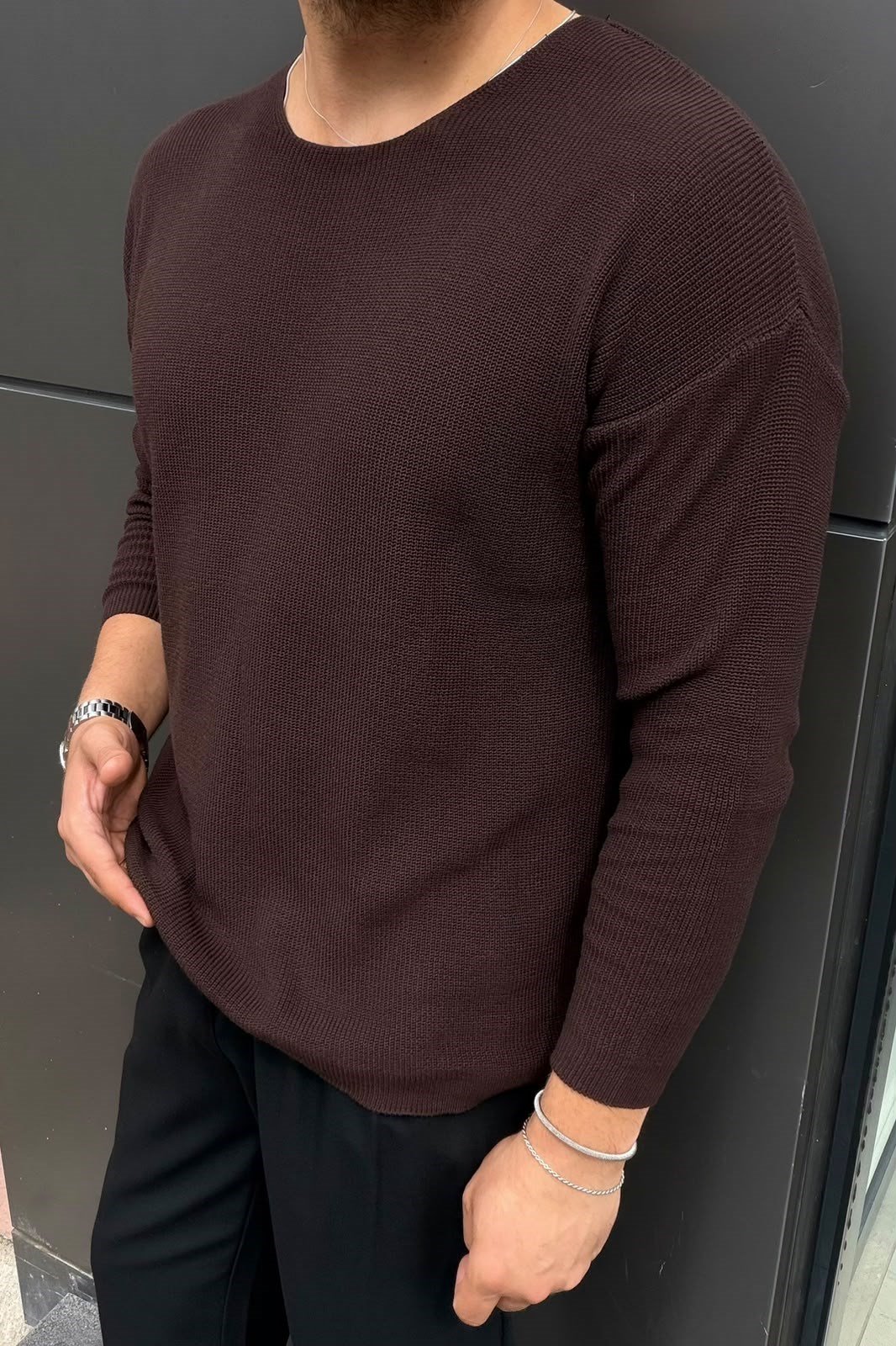 Yaka Detay İnce Oversize Kazak Kahve