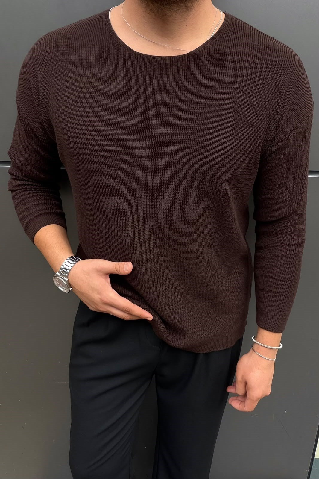 Yaka Detay İnce Oversize Kazak Kahve