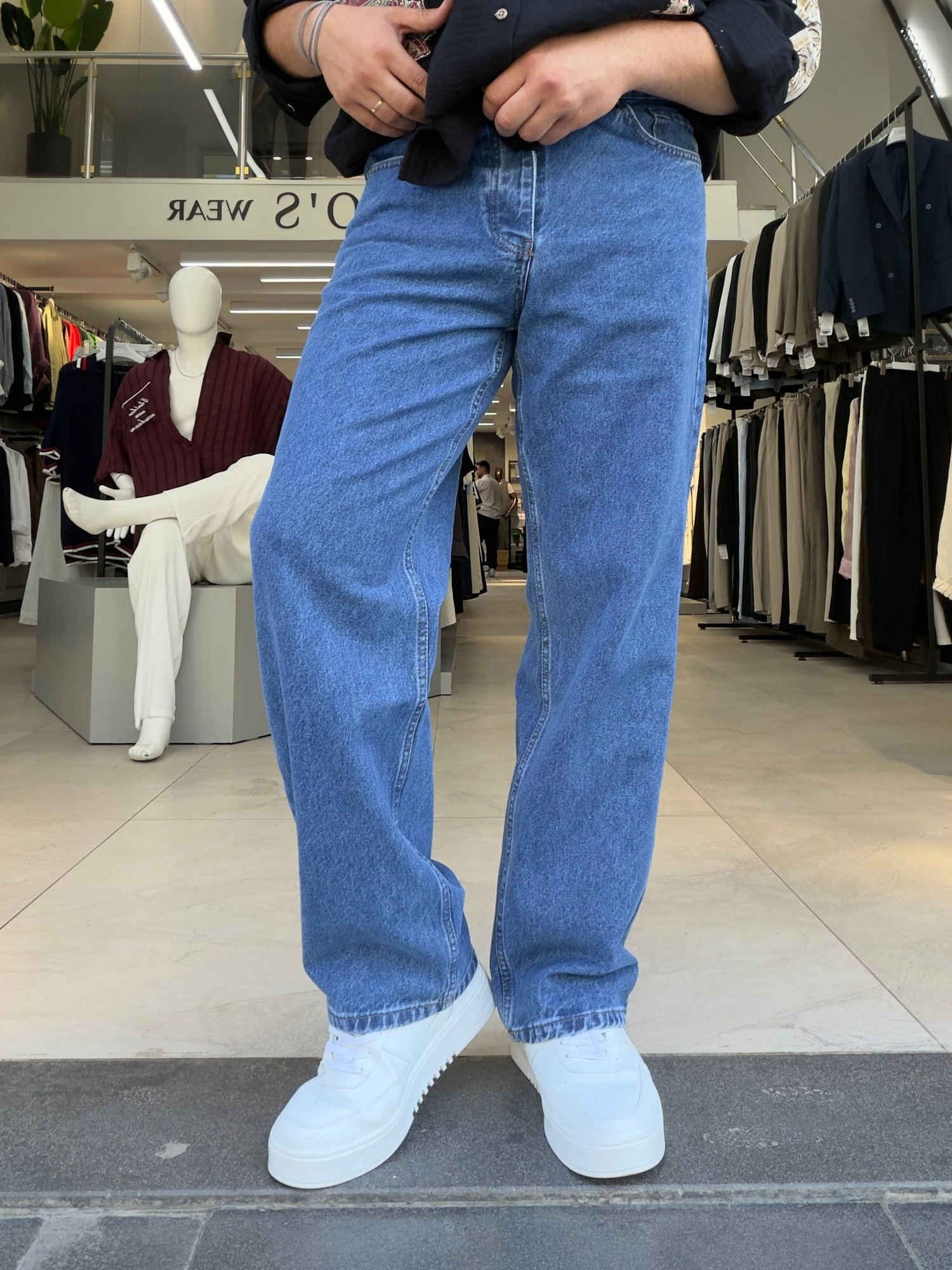 Yıkamalı Baggy Jean Pantolon Mavi