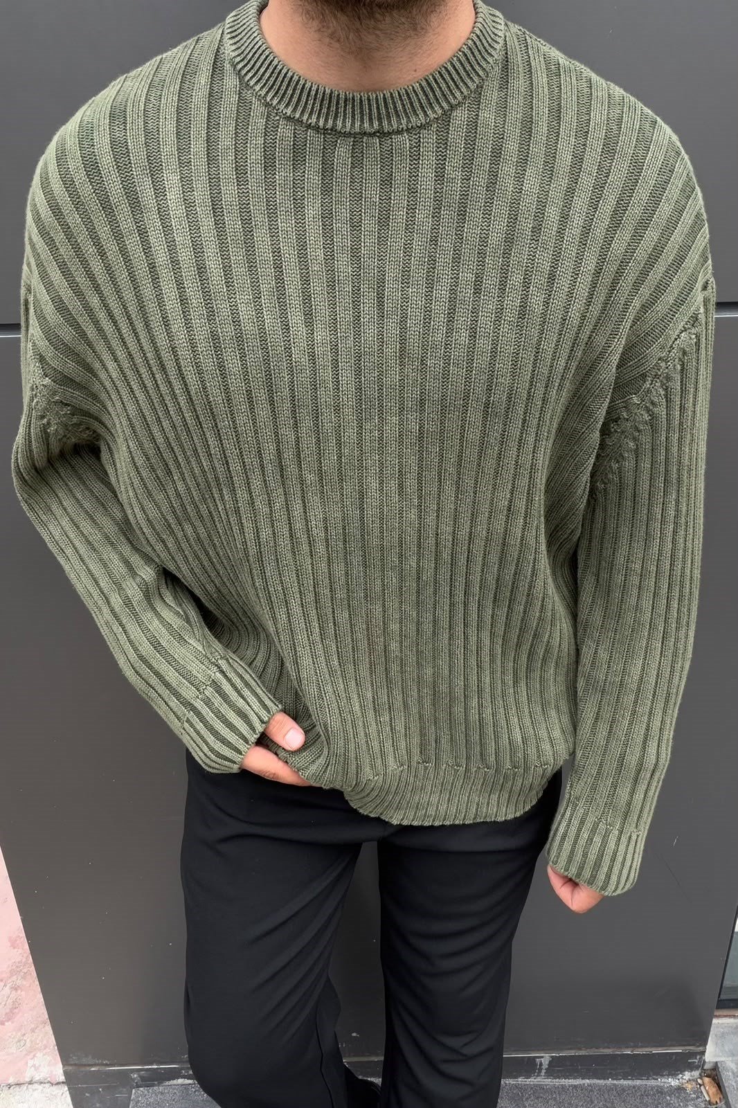 Yıkamalı Oversize Şeritli Kazak Haki