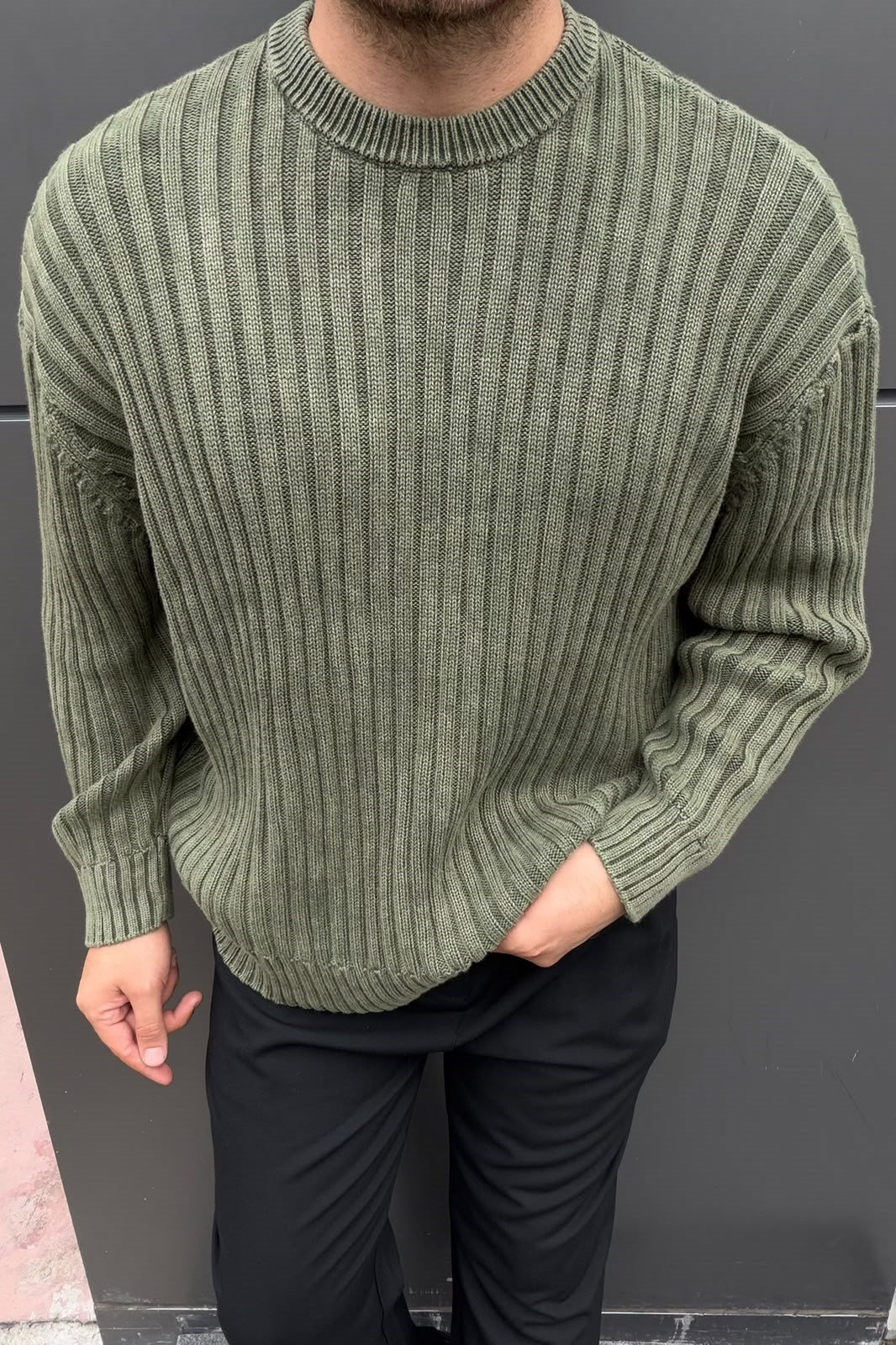 Yıkamalı Oversize Şeritli Kazak Haki
