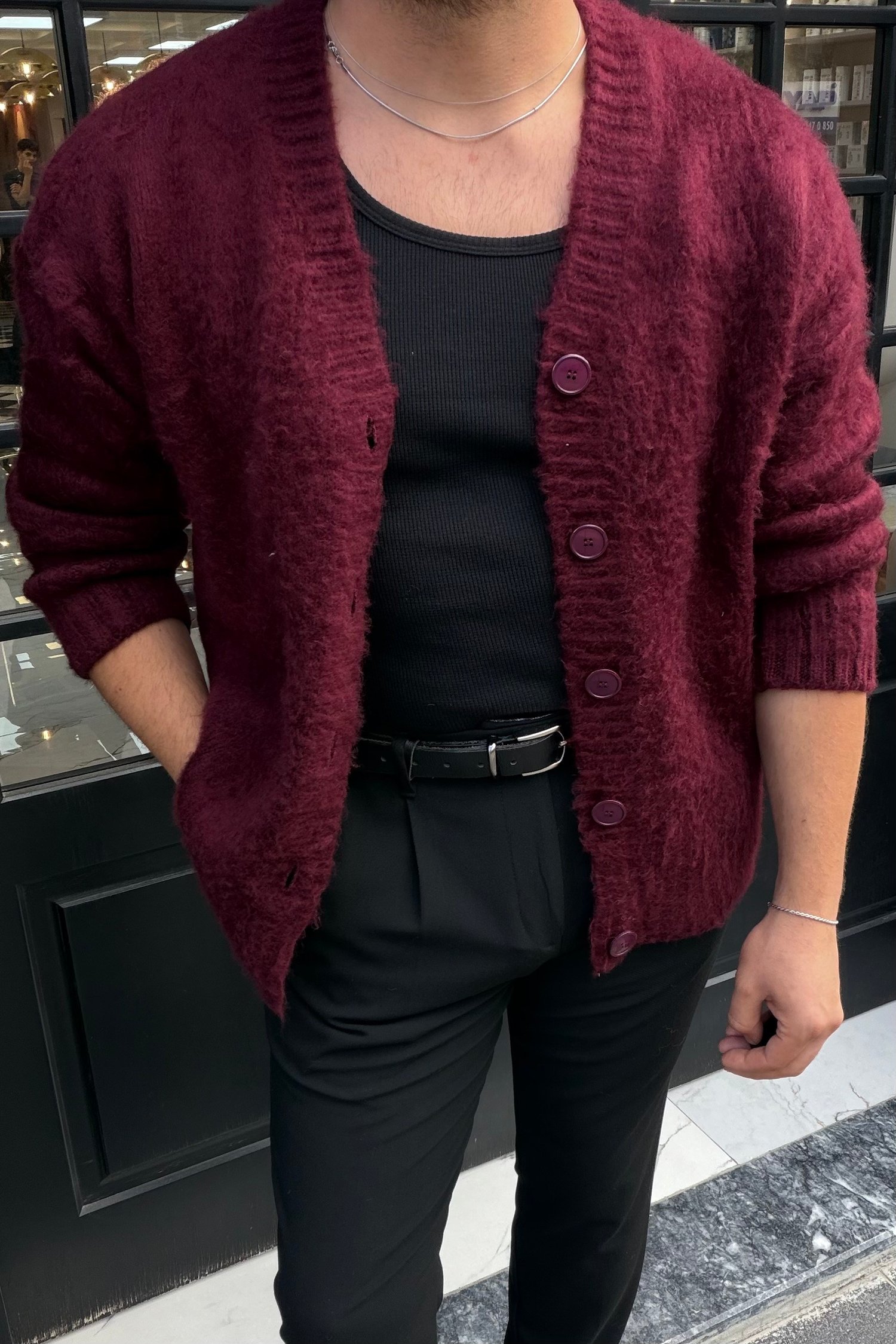 Yün Görünümlü Oversize Düğmeli Hırka Mürdüm