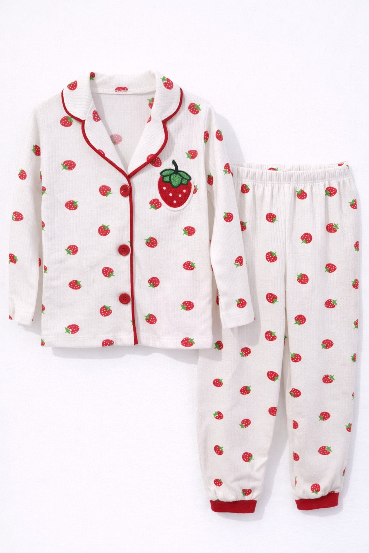 Çilek Desenli Yakalı Önü düğmeli Kız Çocuk Pijama Takımı
