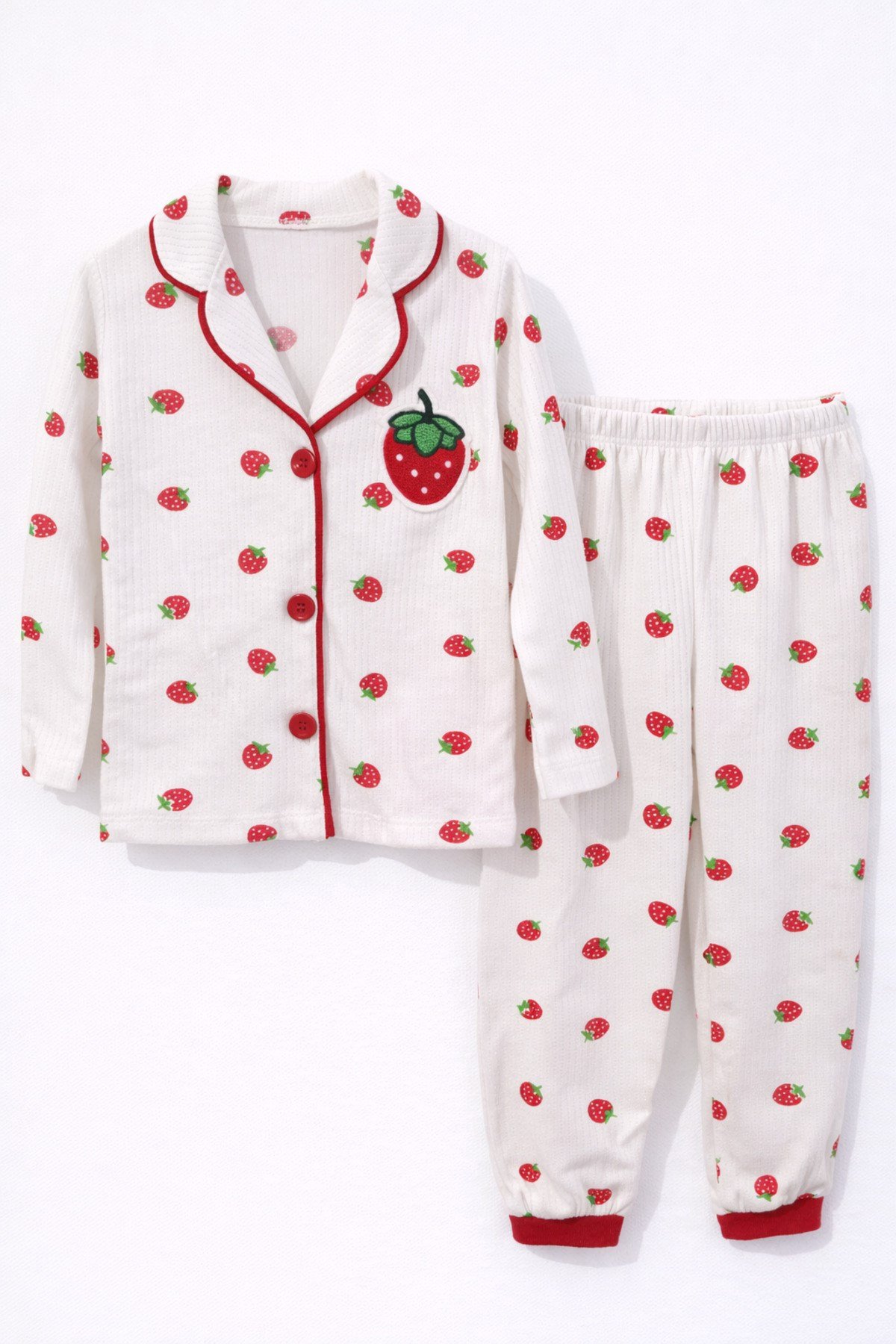 Çilek Desenli Yakalı Önü düğmeli Kız Çocuk Pijama Takımı