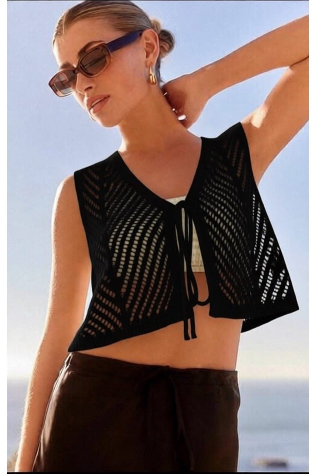 Kadın Ajurlu Triko İpli Büzgülü Etek & Yelek Crop Takım