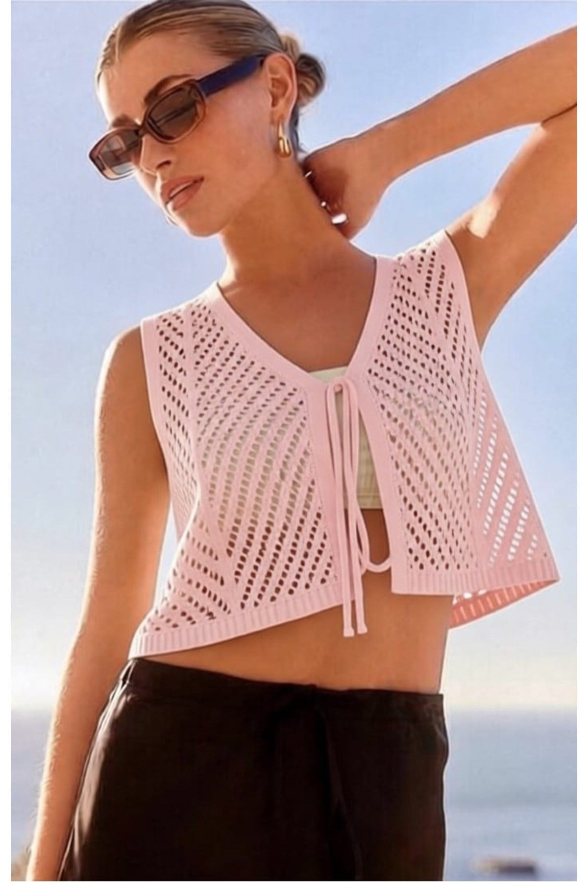 Kadın Ajurlu Triko İpli Büzgülü Etek & Yelek Crop Takım