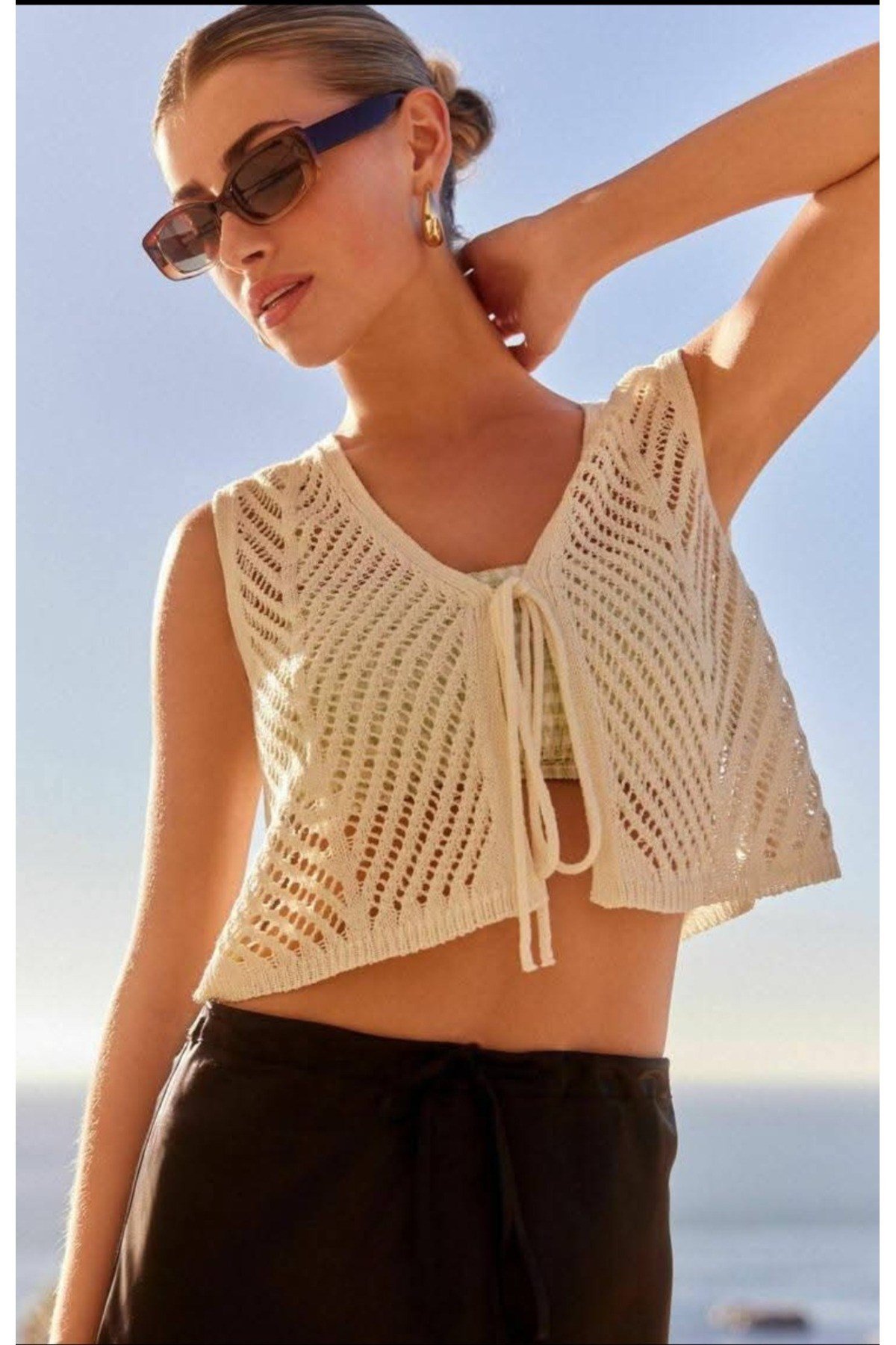 Kadın Ajurlu Triko İpli Büzgülü Etek & Yelek Crop Takım