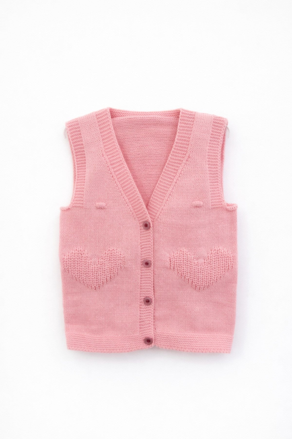 Kız Çocuk Örgü Yelek Kalp Desen Pembe