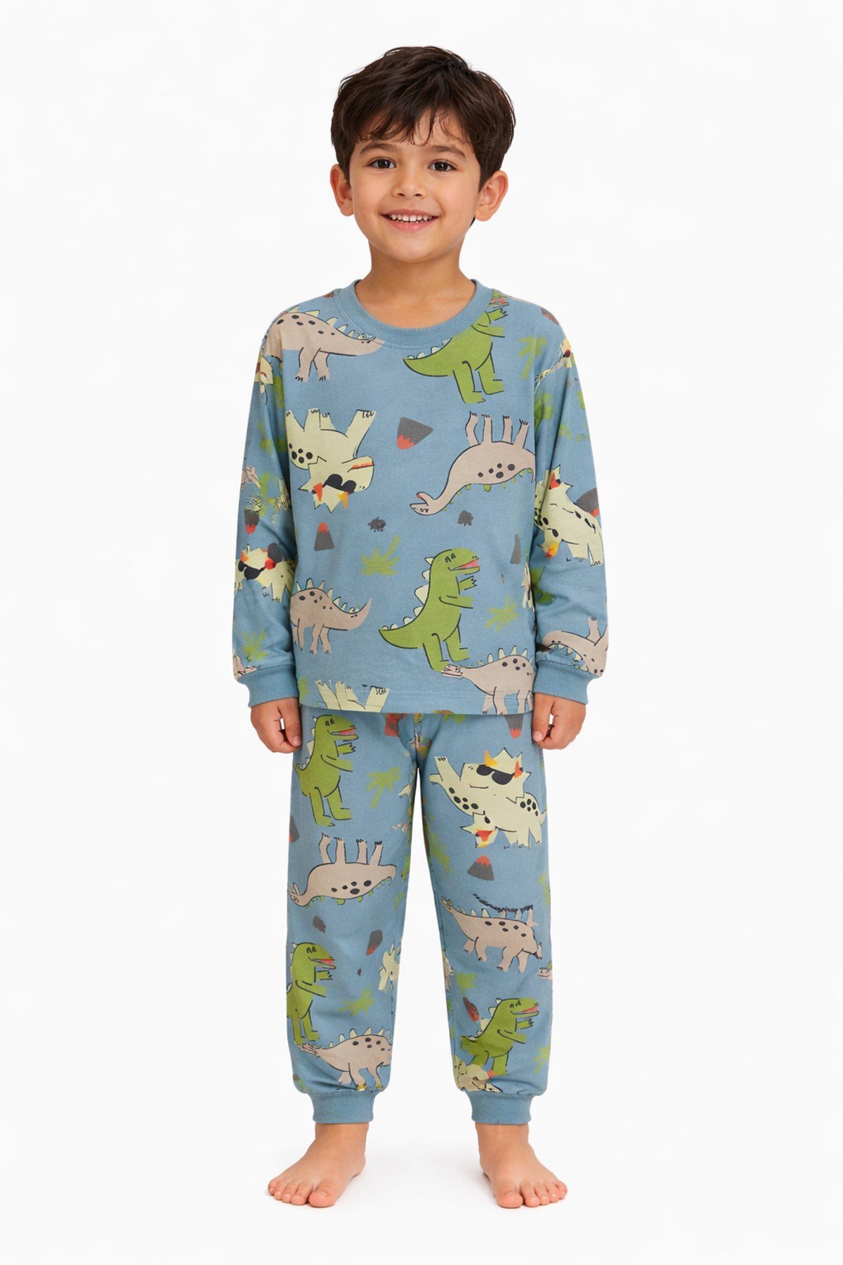 Mavi Dinozor Desenli Erkek Çocuk Pijama Takımı