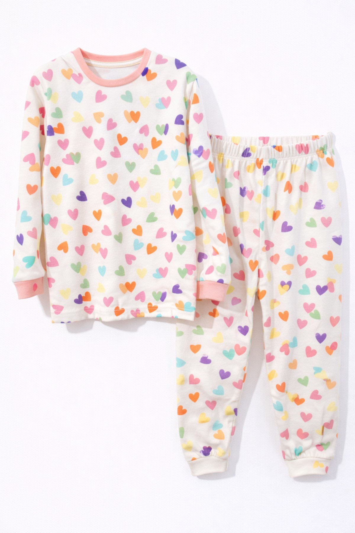 Minik Renkli Kalpler Kız Çocuk Pijama Takımı
