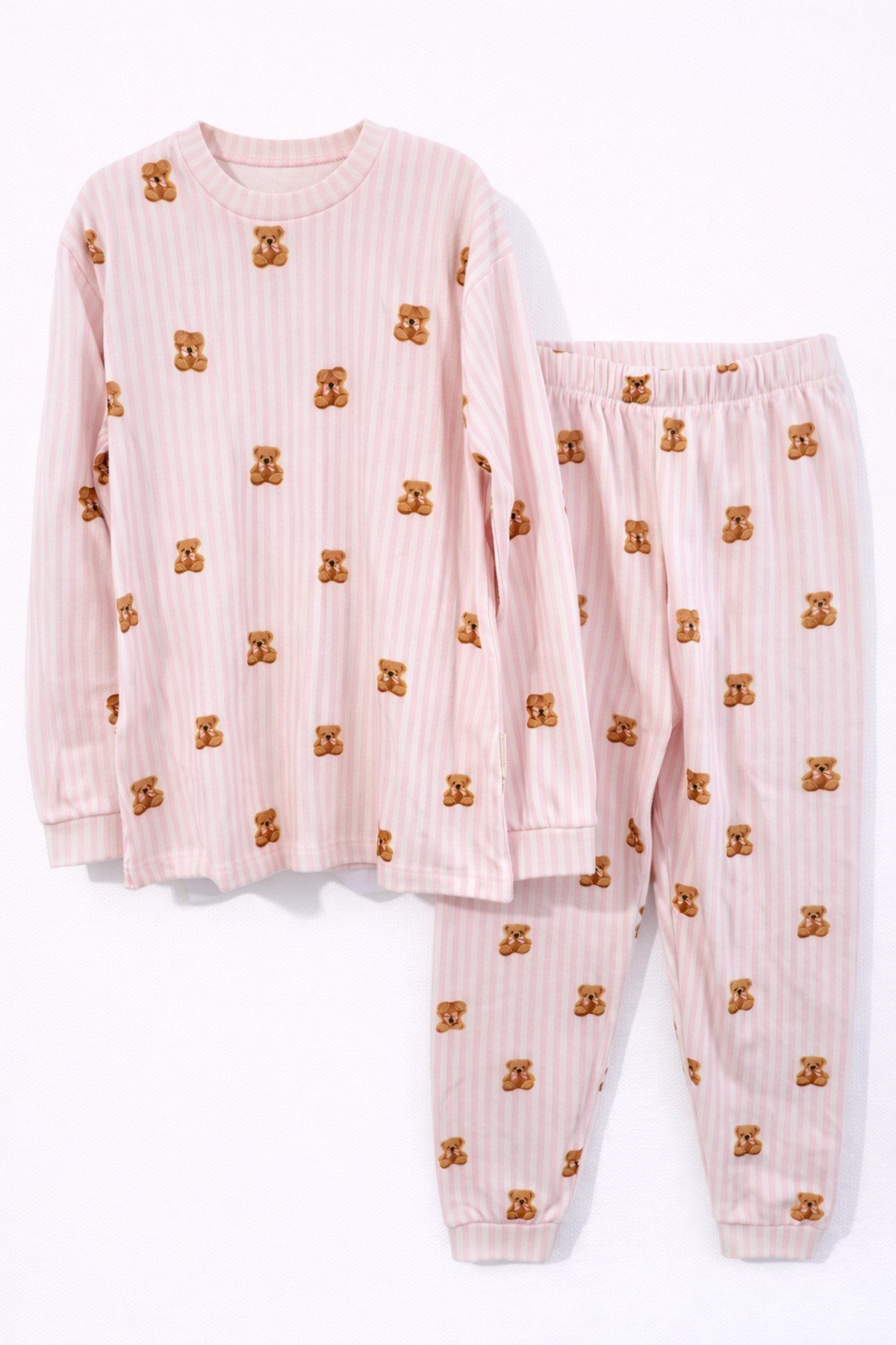 Pembe Çizgili Ayıcık Temalı Kız Çocuk Pijama Takımı