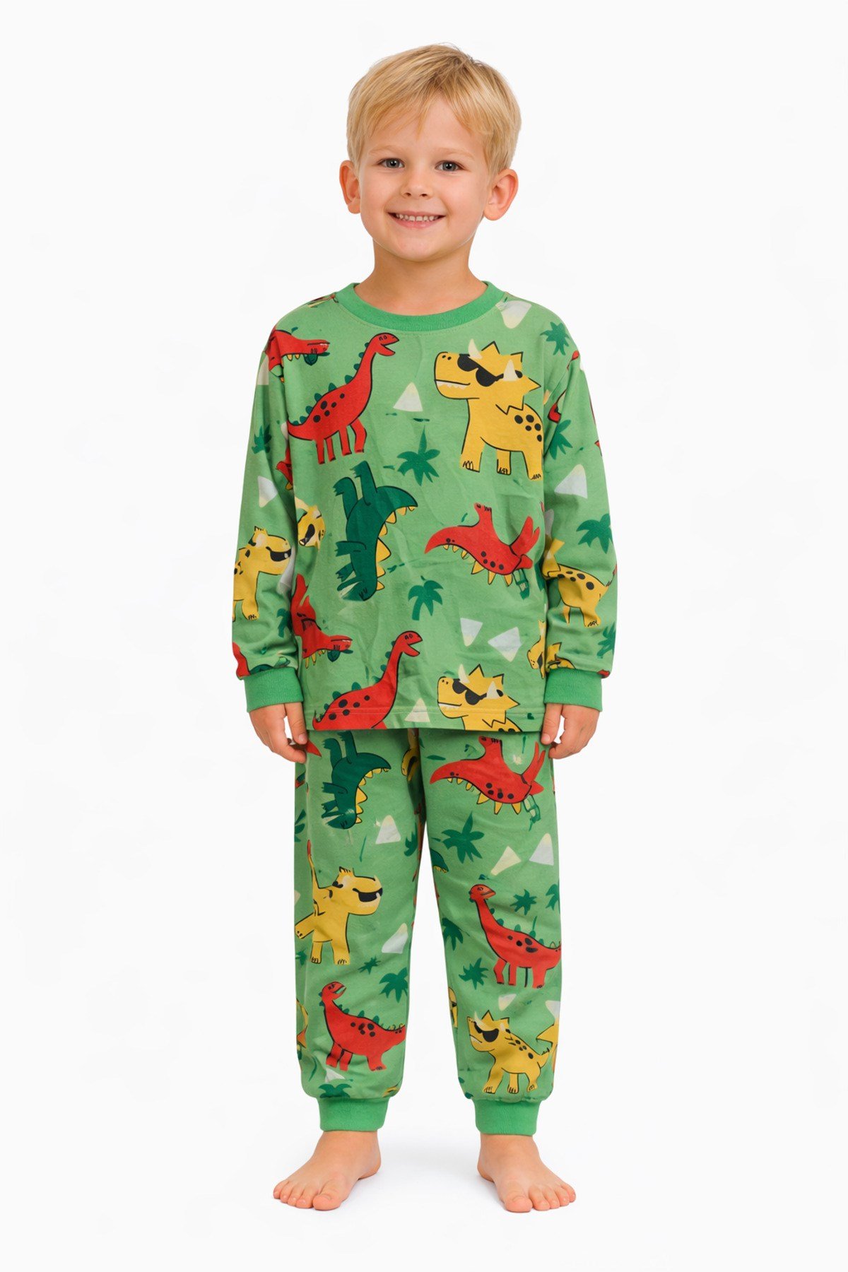 Yeşil Dinozor Desenli Erkek Çocuk Pijama Takımı