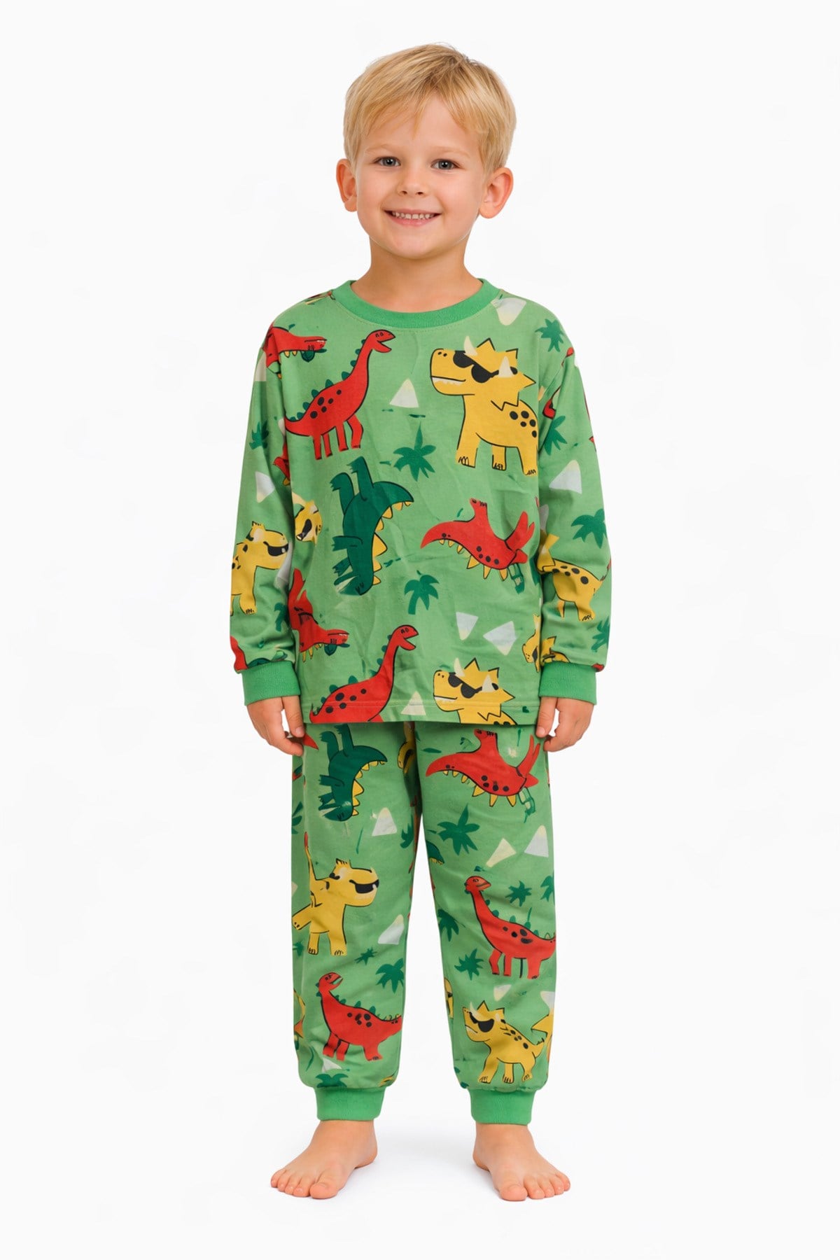 Yeşil Dinozor Desenli Erkek Çocuk Pijama Takımı