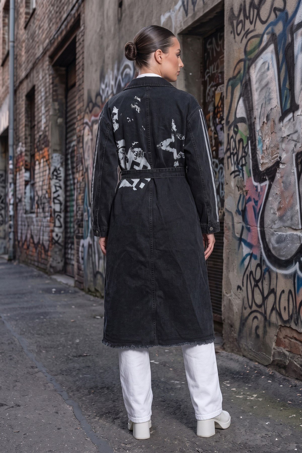 Baskılı Denim Trençkot