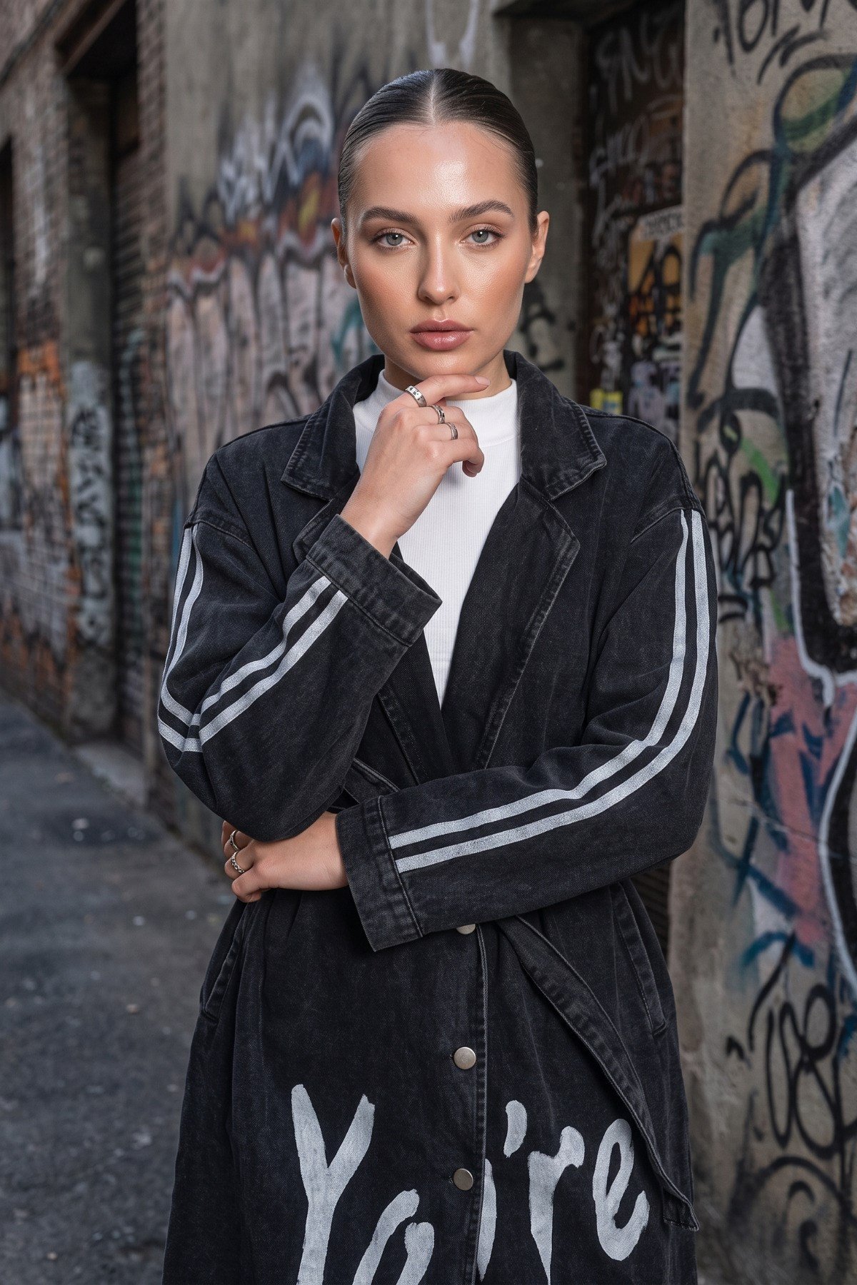 Baskılı Denim Trençkot
