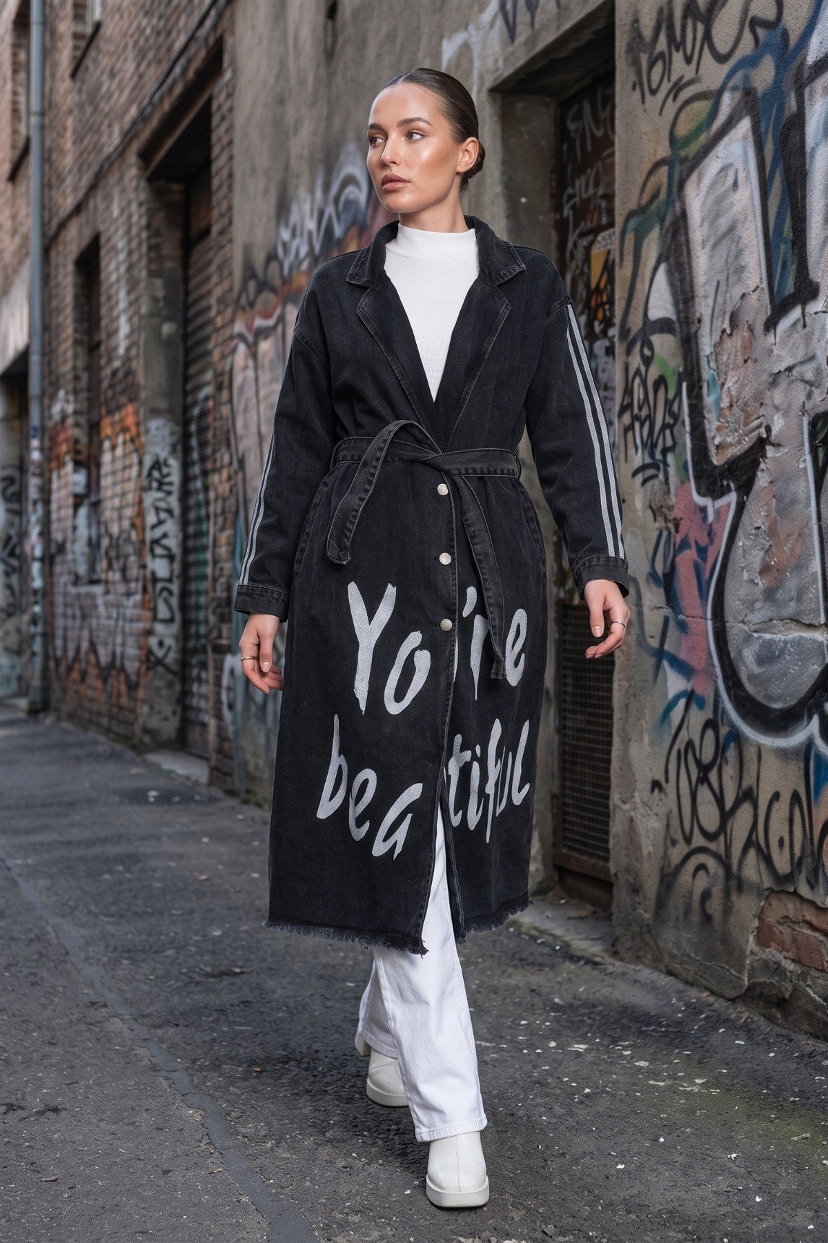 Baskılı Denim Trençkot