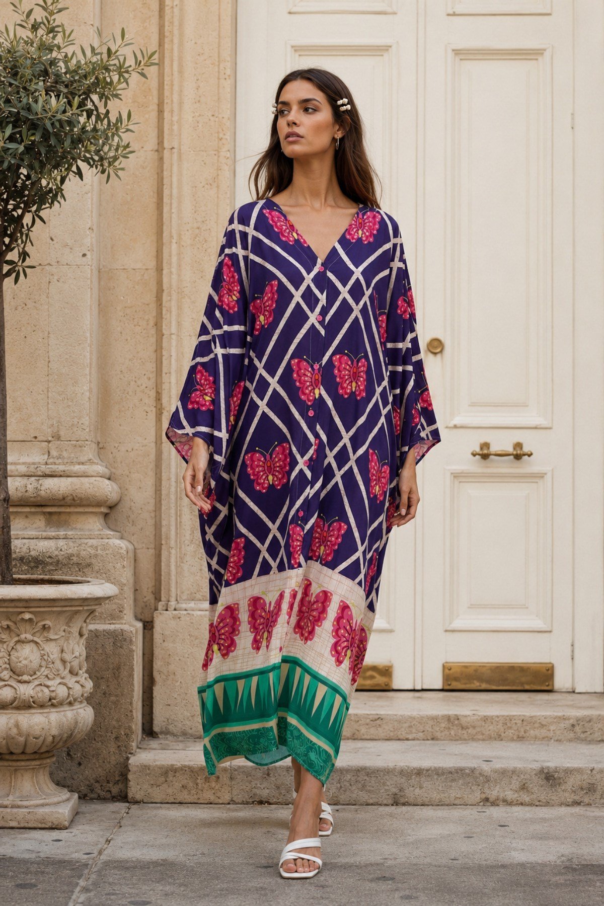 Kelebek Desen Boydan Düğmeli Oversize Elbise | One Size | STD Beden
