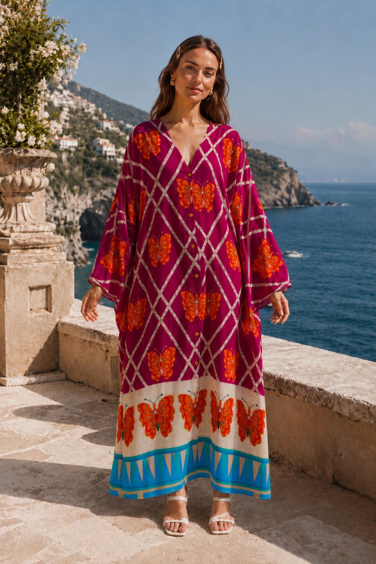 Kelebek Desen Boydan Düğmeli Oversize Elbise | One Size | STD Beden