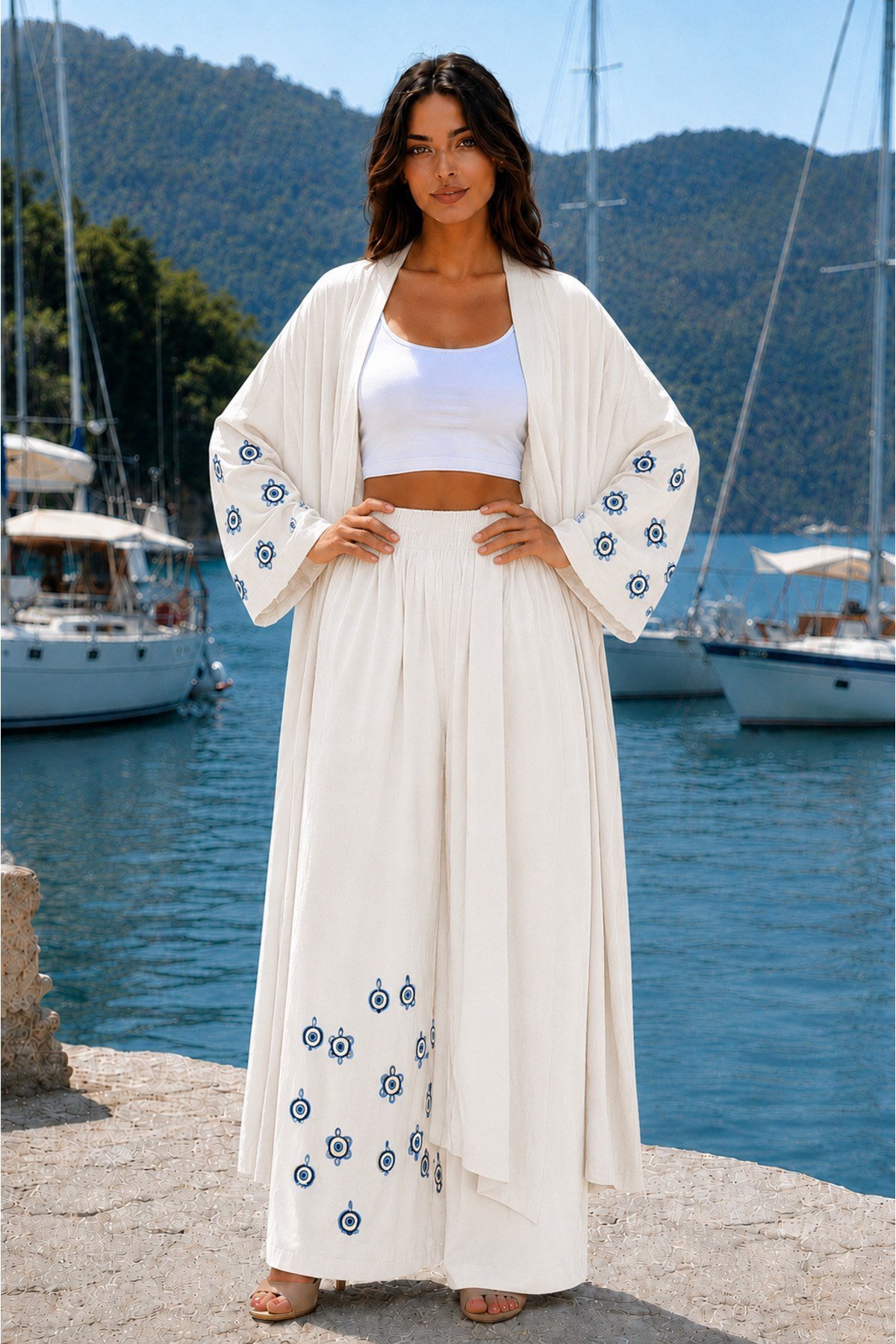 Premium Kadın Nazar Boncuk Desenli Kimono & Bol Paça Pantolon Takımı | One Size | STD Beden