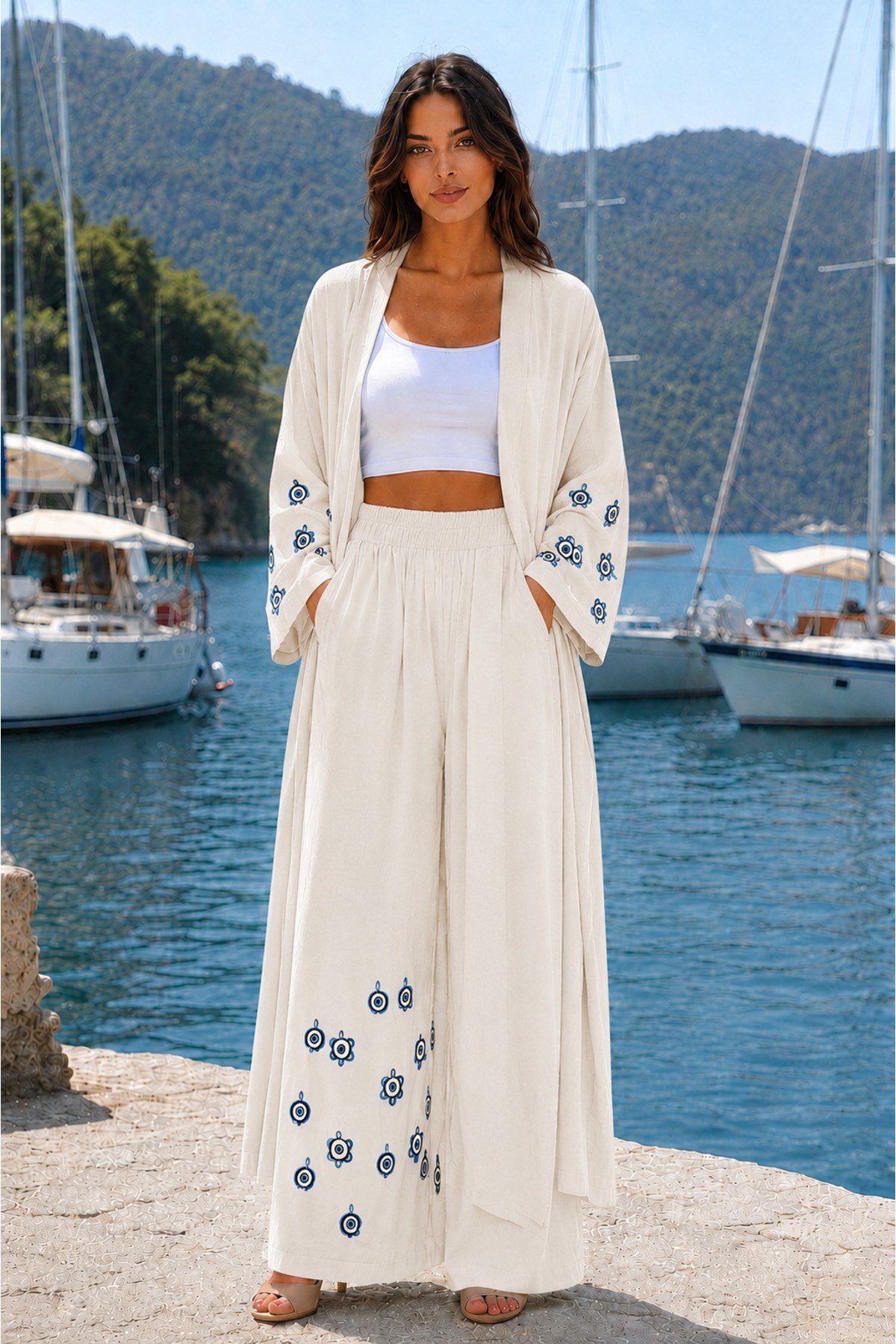 Premium Kadın Nazar Boncuk Desenli Kimono & Bol Paça Pantolon Takımı | One Size | STD Beden